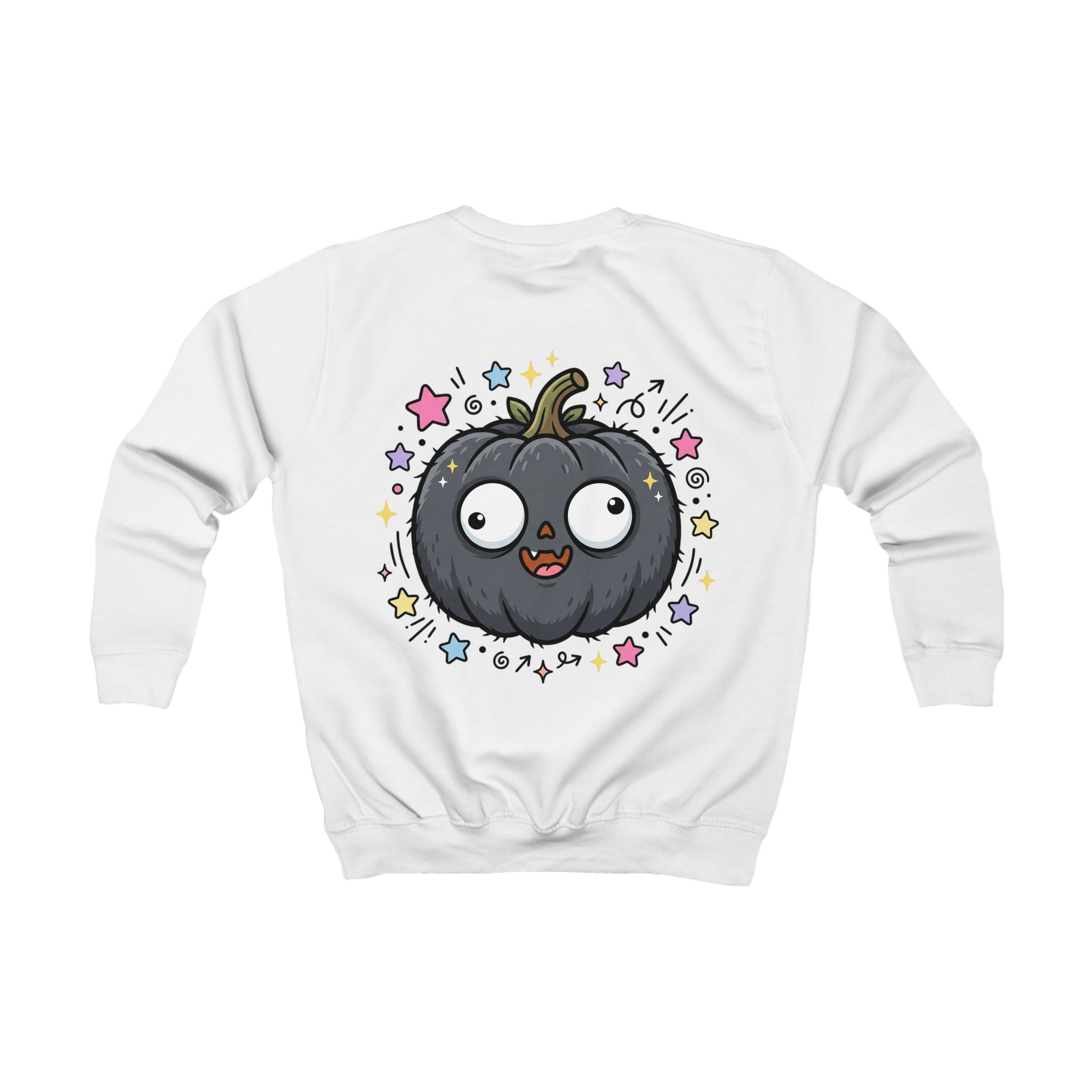 Kids Sweatshirt — Cute Black Pumpkin Cartoon Halloween Crewneck for Children