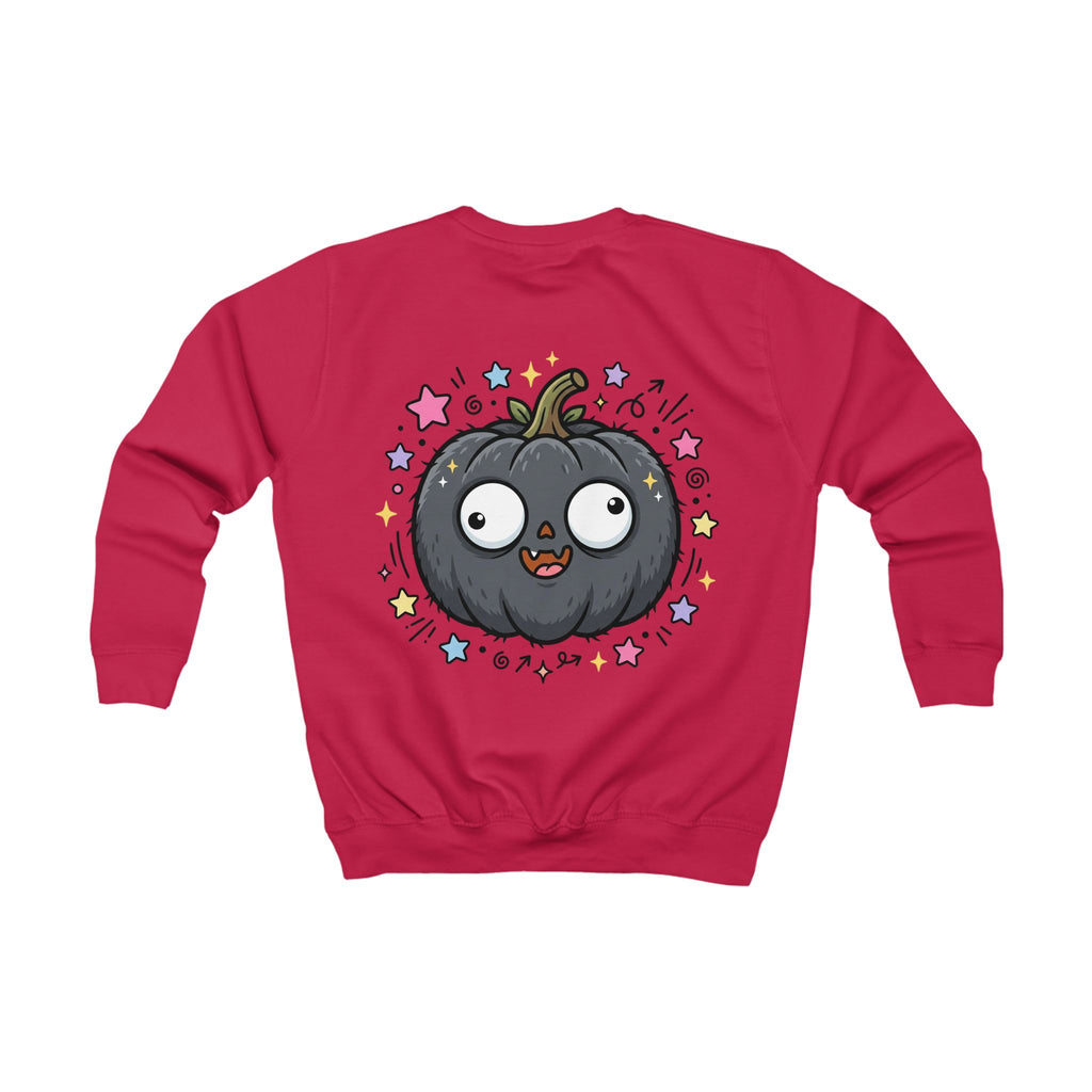Kids Sweatshirt — Cute Black Pumpkin Cartoon Halloween Crewneck for Children