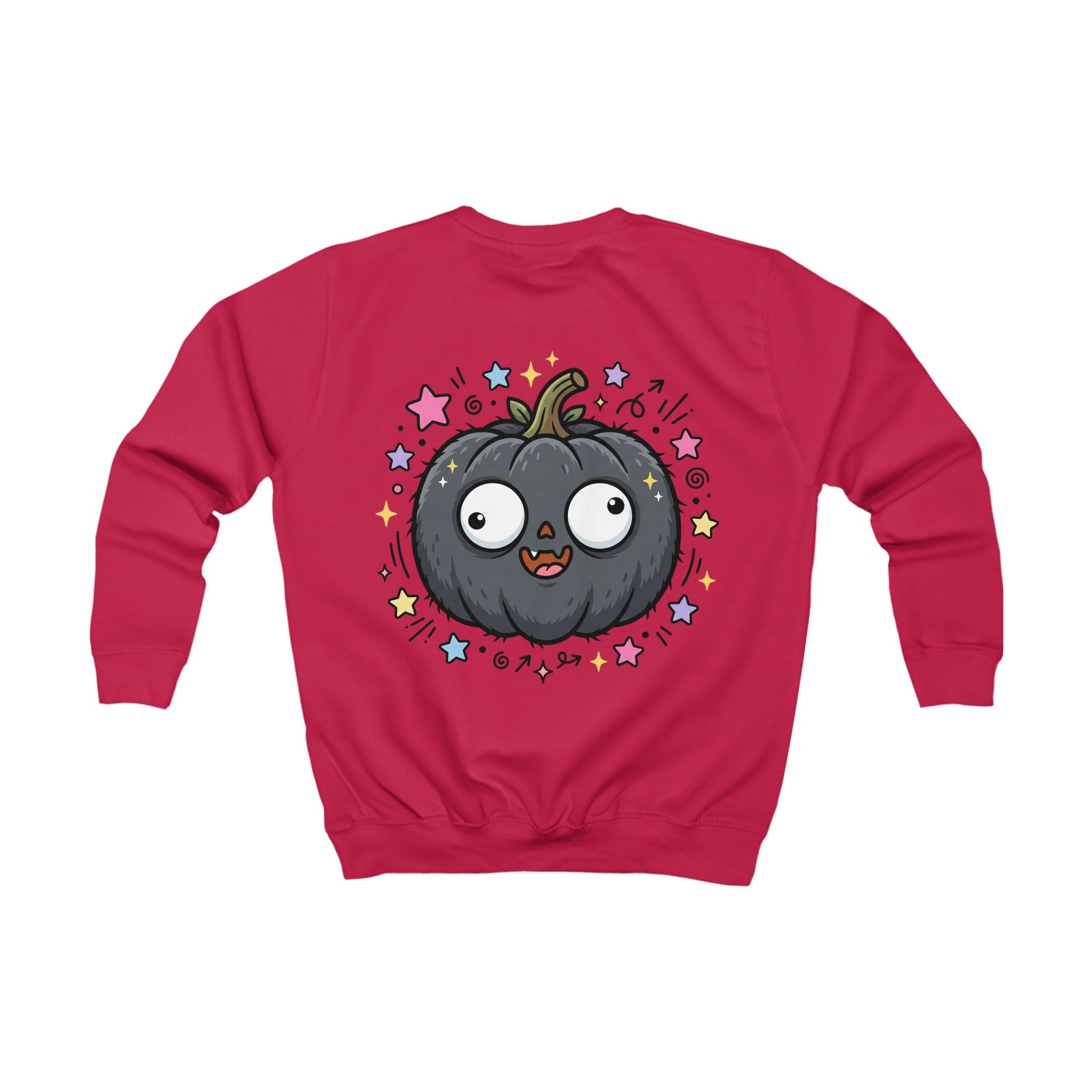 Kids Sweatshirt — Cute Black Pumpkin Cartoon Halloween Crewneck for Children