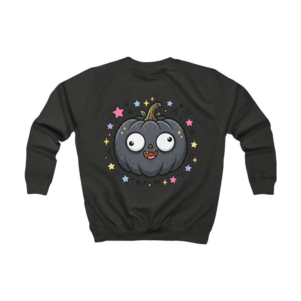 Kids Sweatshirt — Cute Black Pumpkin Cartoon Halloween Crewneck for Children