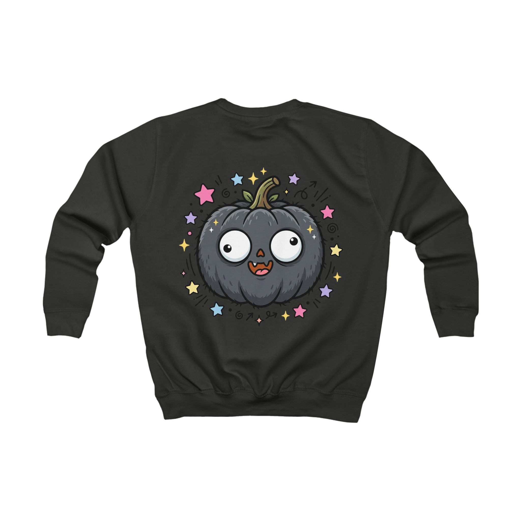 Kids Sweatshirt — Cute Black Pumpkin Cartoon Halloween Crewneck for Children