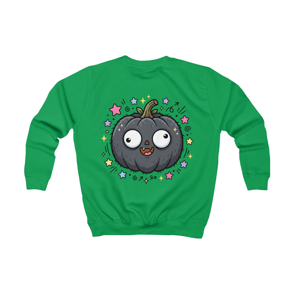 Kids Sweatshirt — Cute Black Pumpkin Cartoon Halloween Crewneck for Children