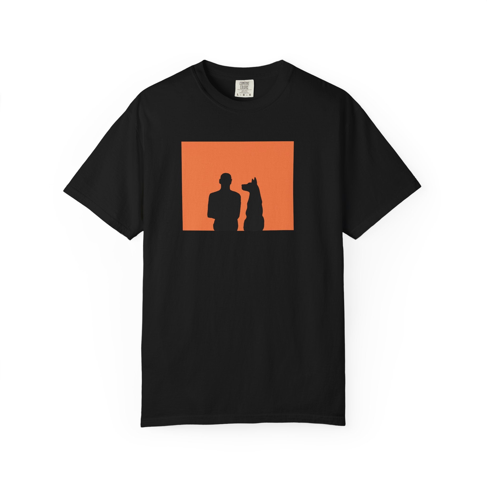 Silhouette Duo T-Shirt — Man and Dog Orange Panel Graphic Tee