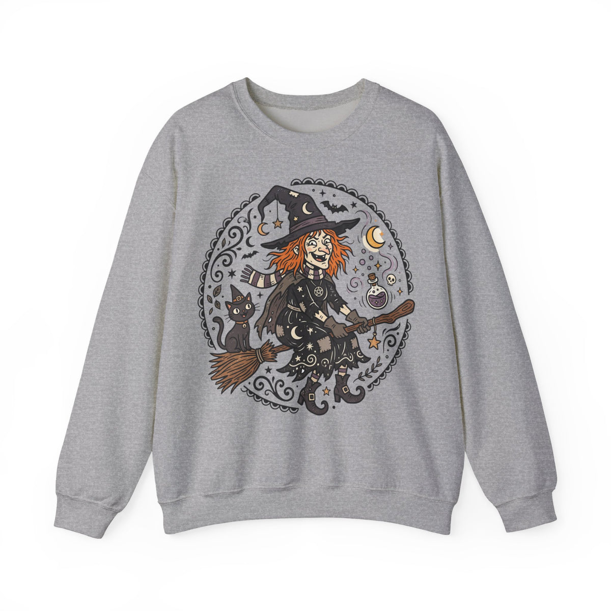 Witch & Black Cat Crewneck Sweatshirt — Halloween Witch Broom Graphic
