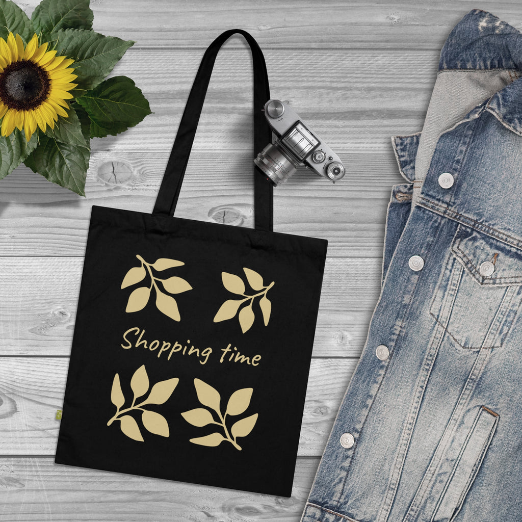 Shopping Time Organic Cotton Tote — Eco-Friendly Reusable Grocery Bag with Leaf Design
