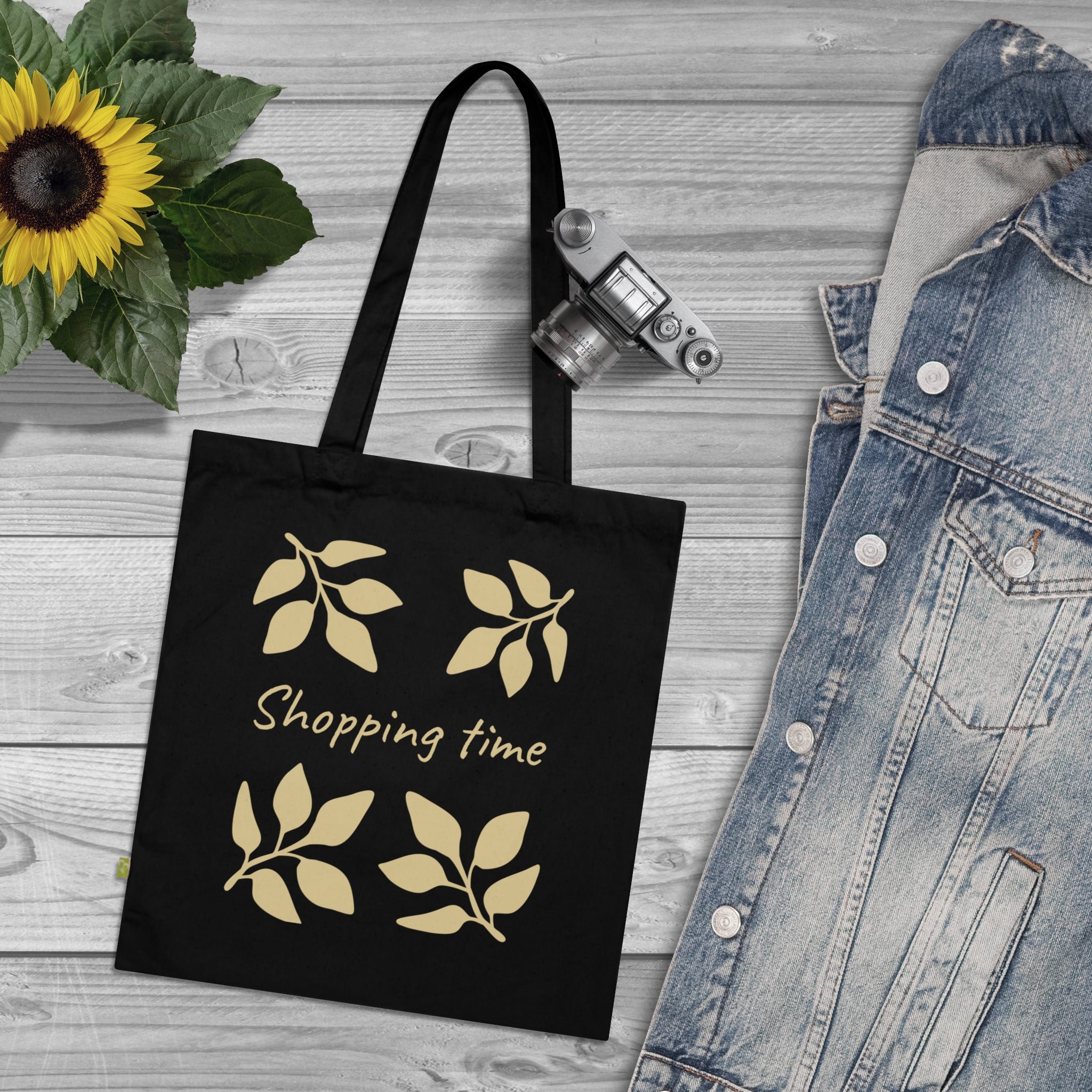 Shopping Time Organic Cotton Tote — Eco-Friendly Reusable Grocery Bag with Leaf Design