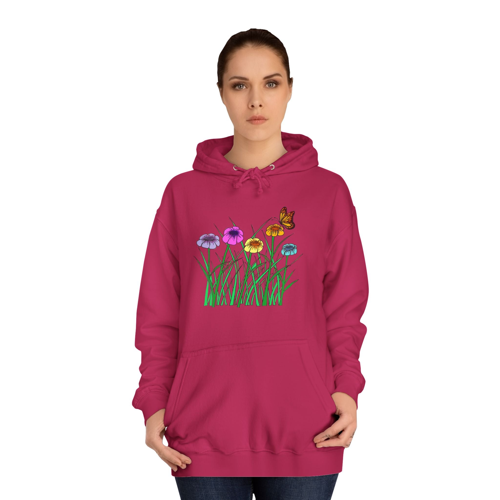 Floral Meadow Hoodie – Colorful Wildflowers & Butterfly Graphic