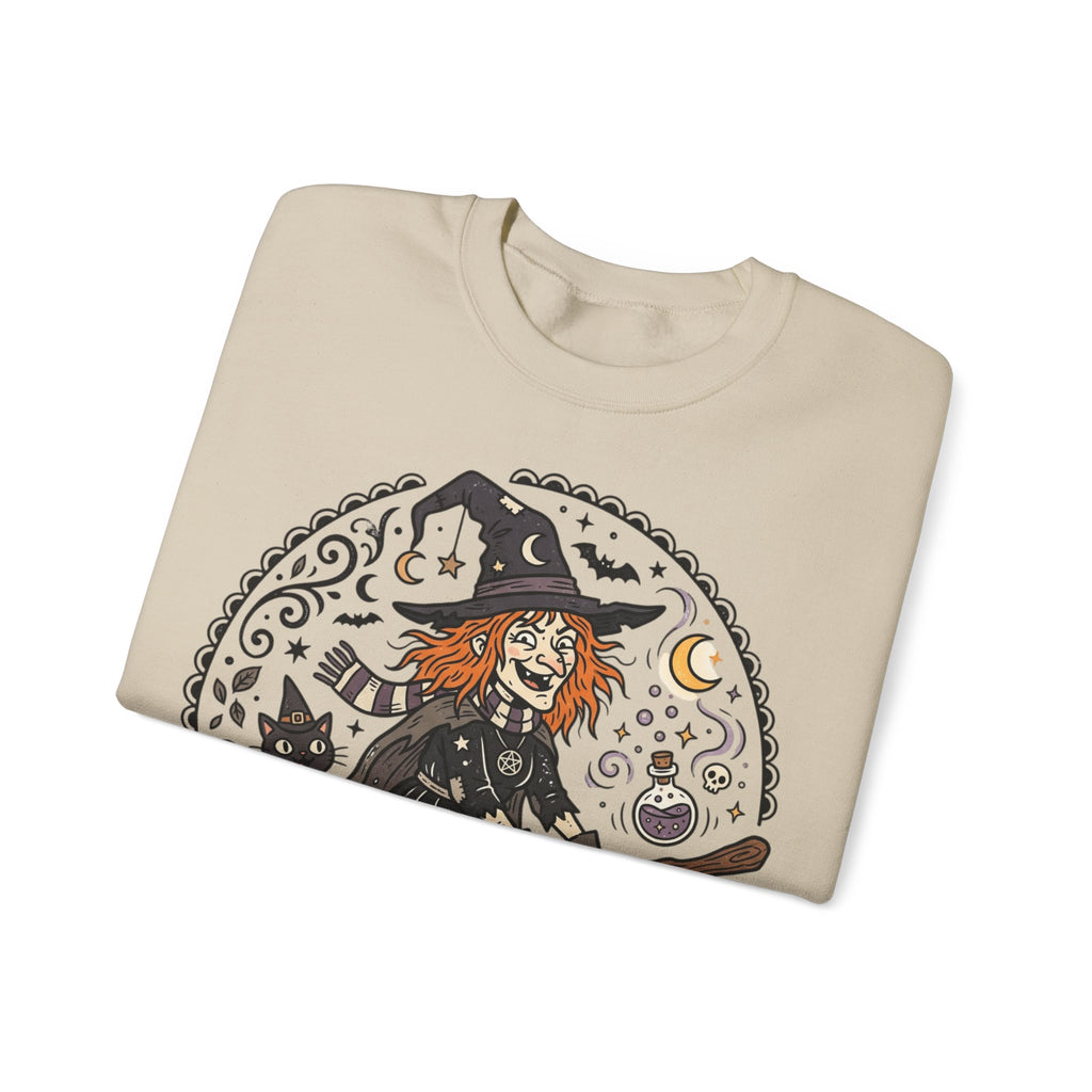 Witch & Black Cat Crewneck Sweatshirt — Halloween Witch Broom Graphic