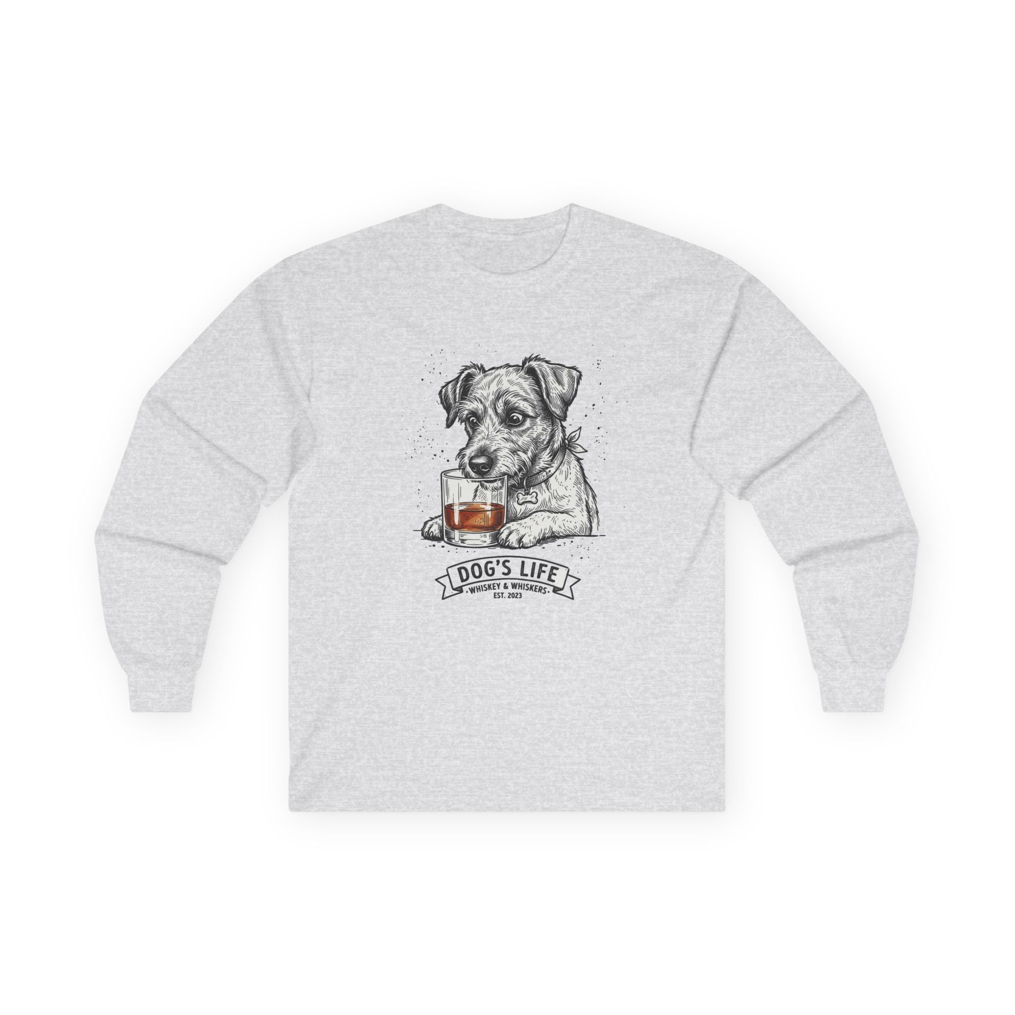 Long Sleeve Tee — "Dog's Life" Jack Russell & Whiskey Graphic
