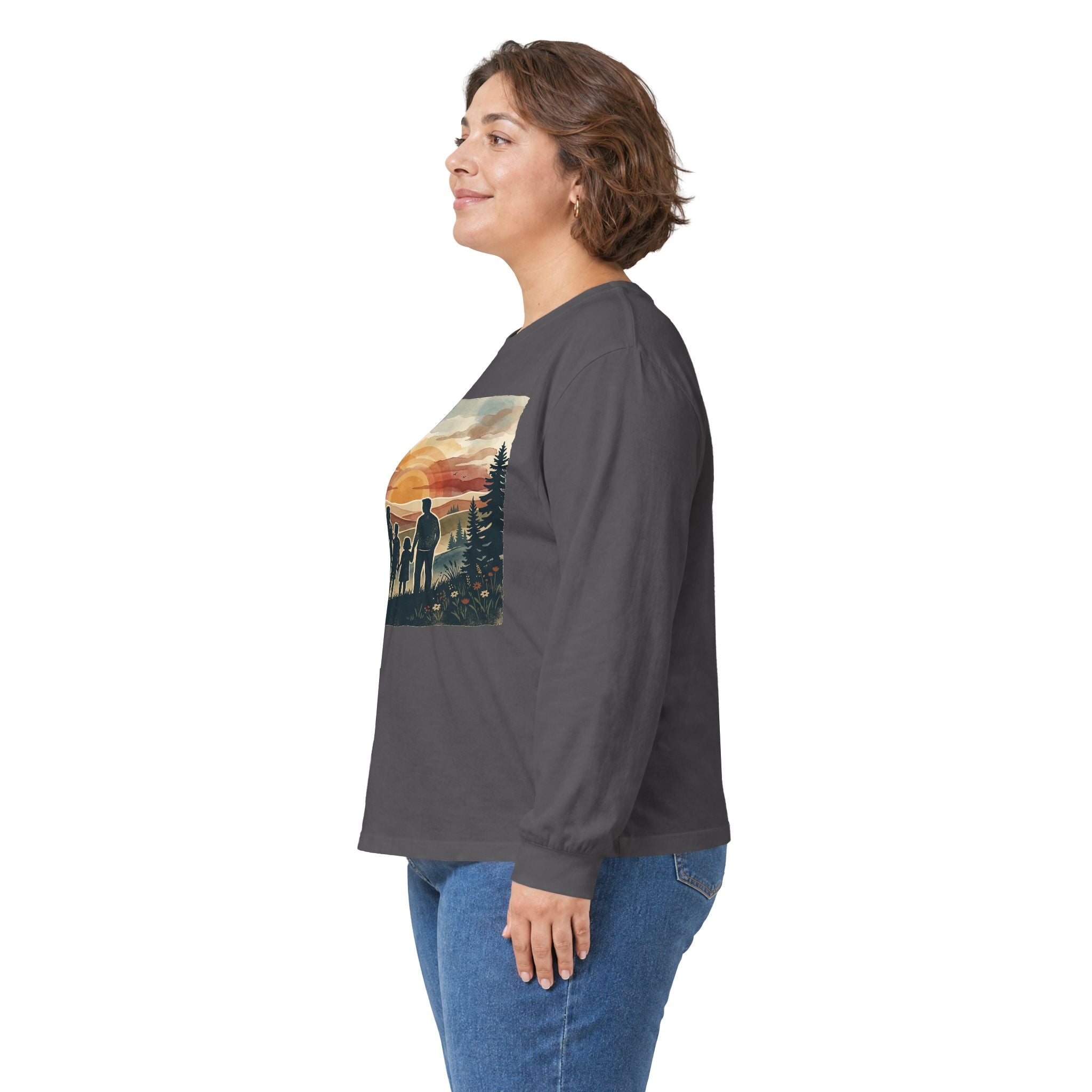 Family Camping Sunset Long Sleeve Tee — Silhouette Outdoor Graphic Shirt