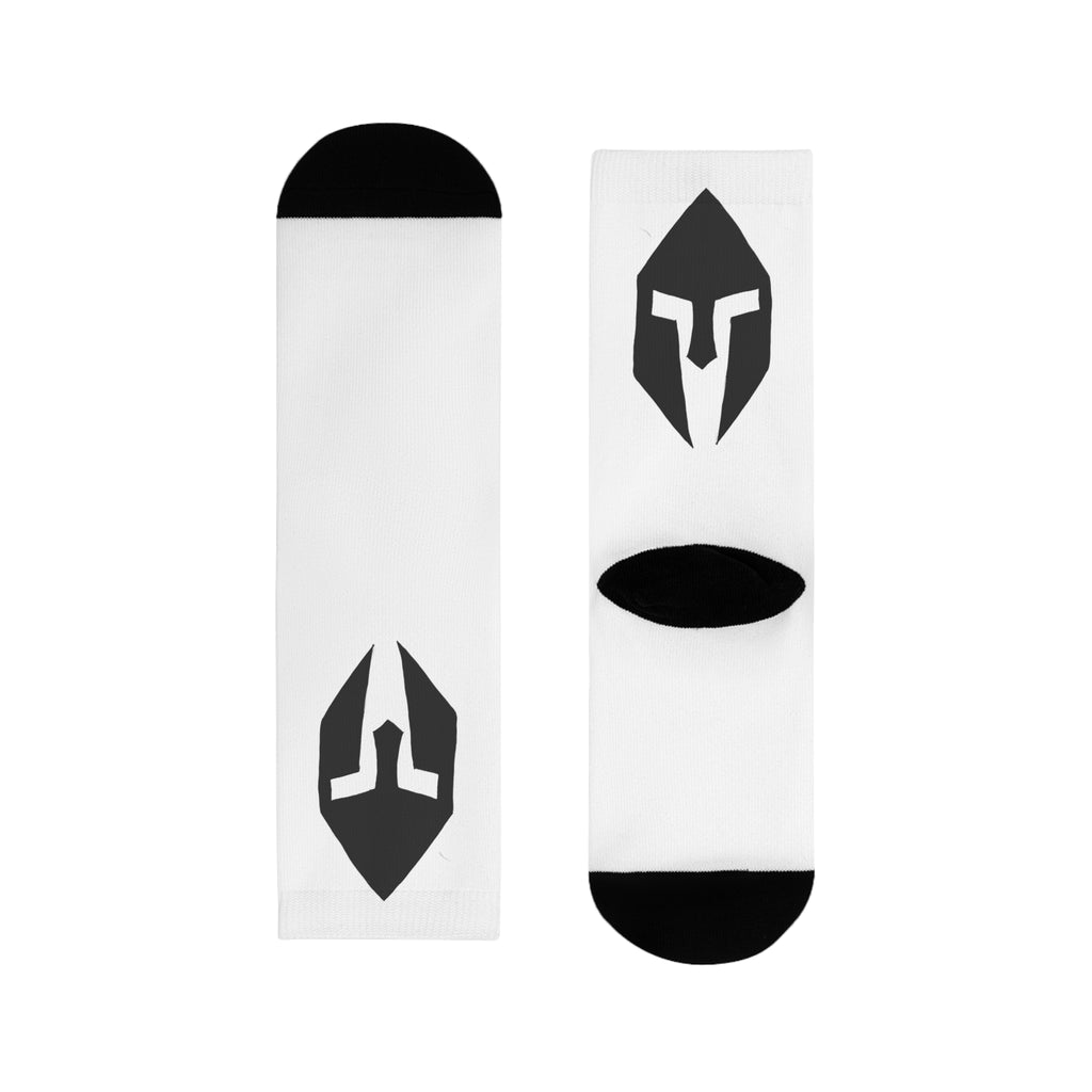 Spartan Shield Crew Socks — Black Logo Sublimation Athletic Socks