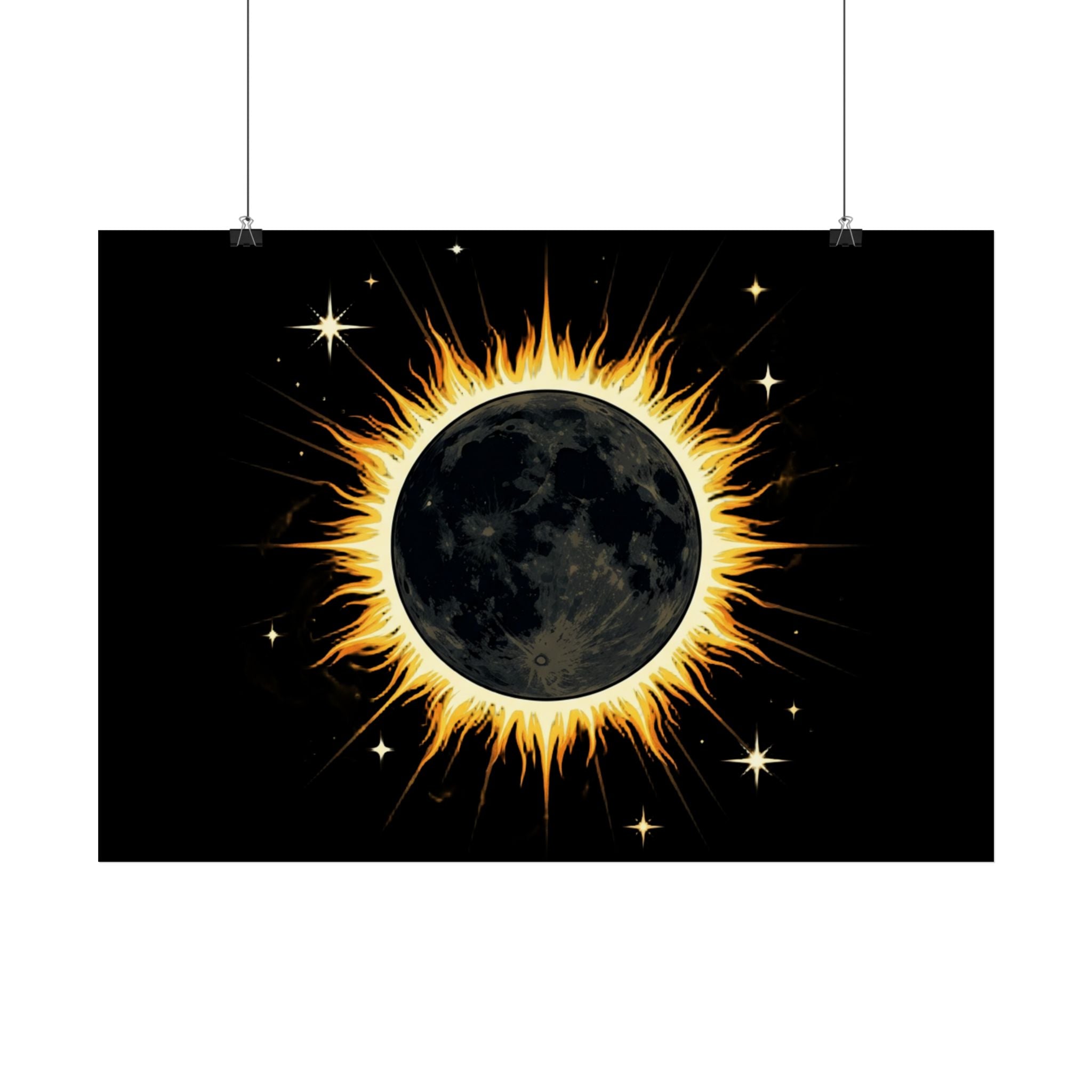 Solar Eclipse Wall Poster — Black Moon with Golden Flame Art Print