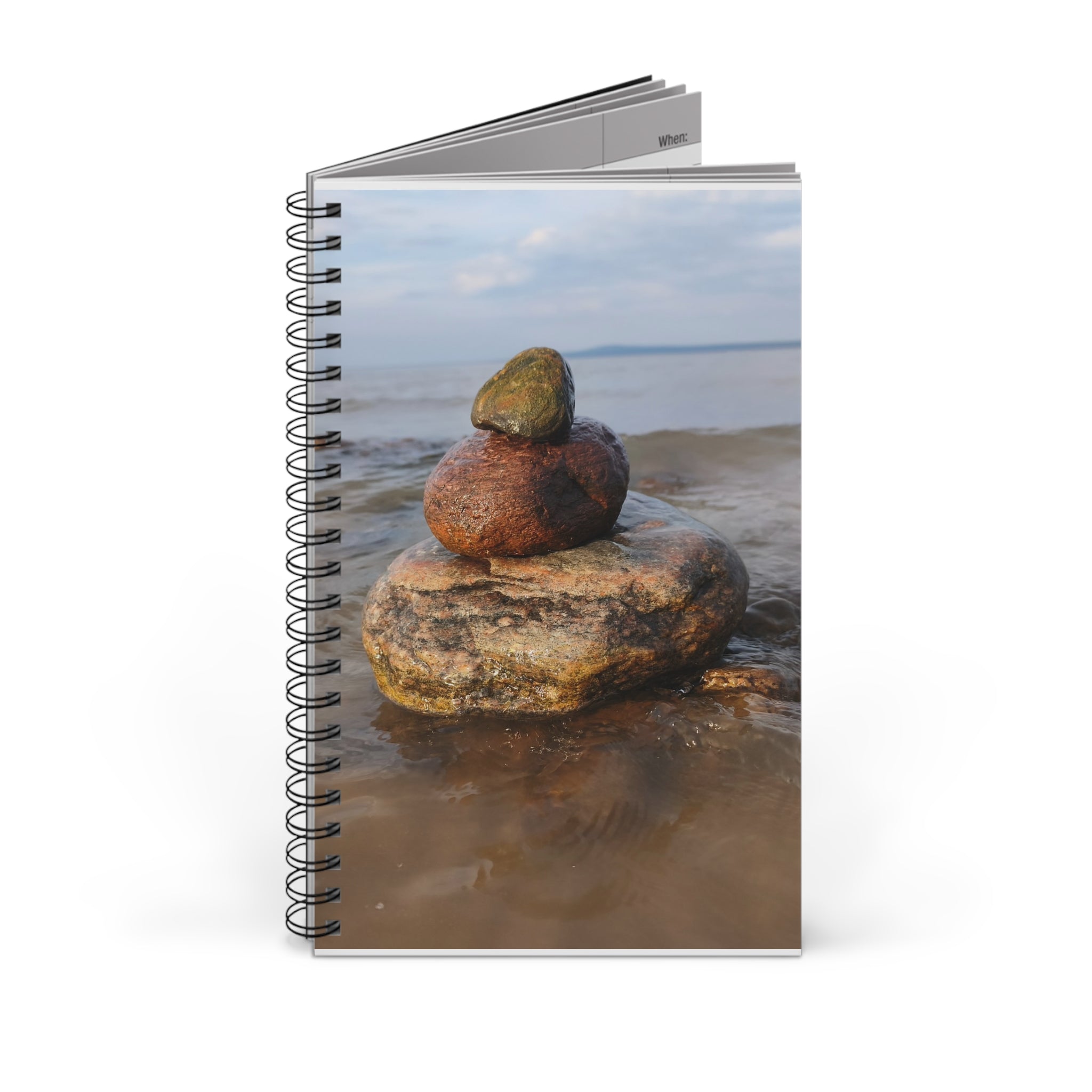 Rock Stack Spiral Journal — Coastal Beach Photography Notebook for Mindful Journaling