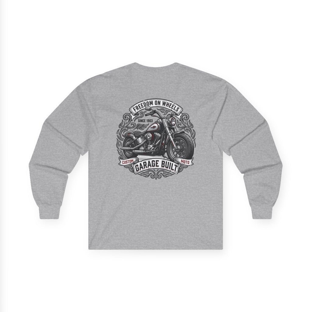 Motorcycle Garage Long Sleeve Tee — “Freedom on Wheels” Biker Shirt