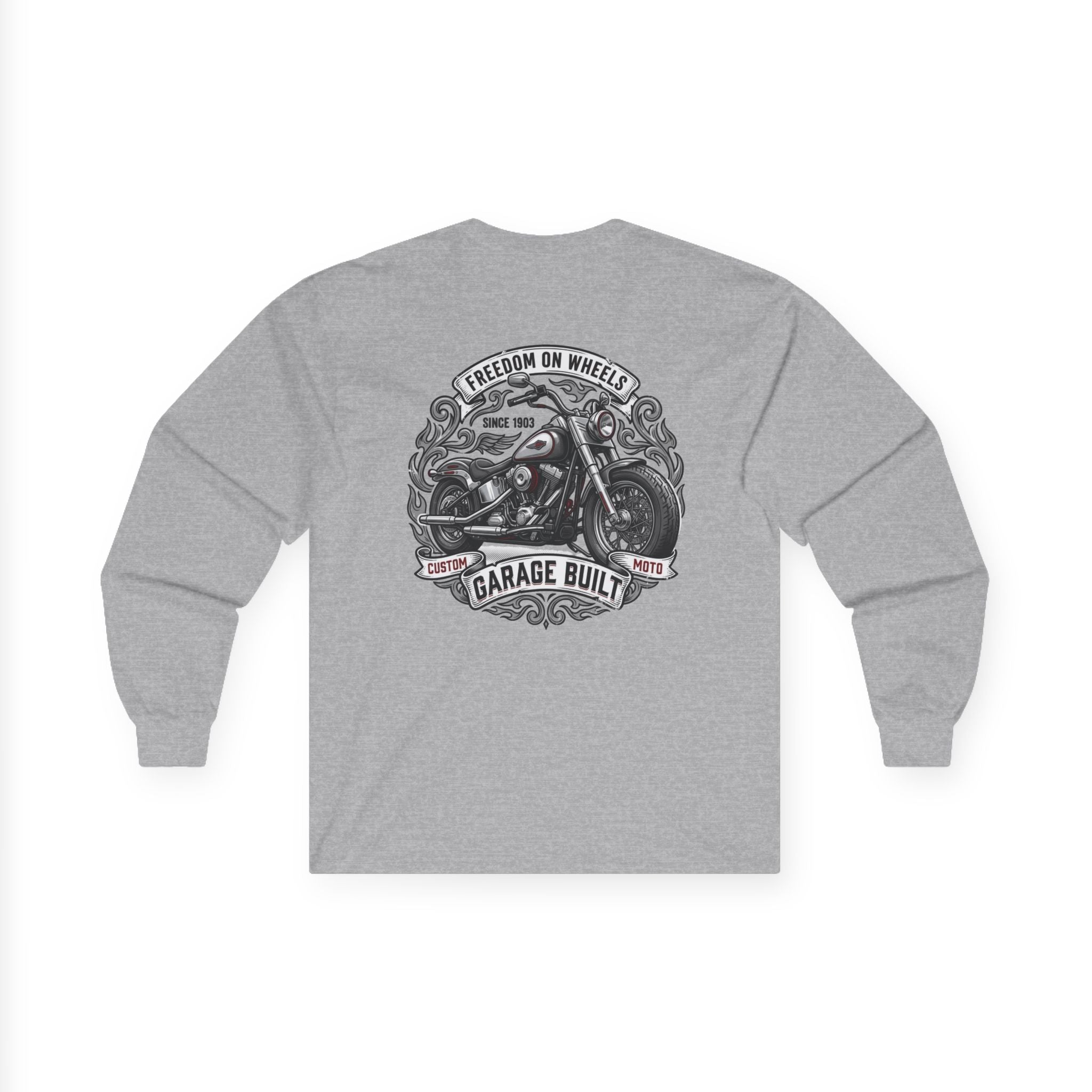 Motorcycle Garage Long Sleeve Tee — “Freedom on Wheels” Biker Shirt