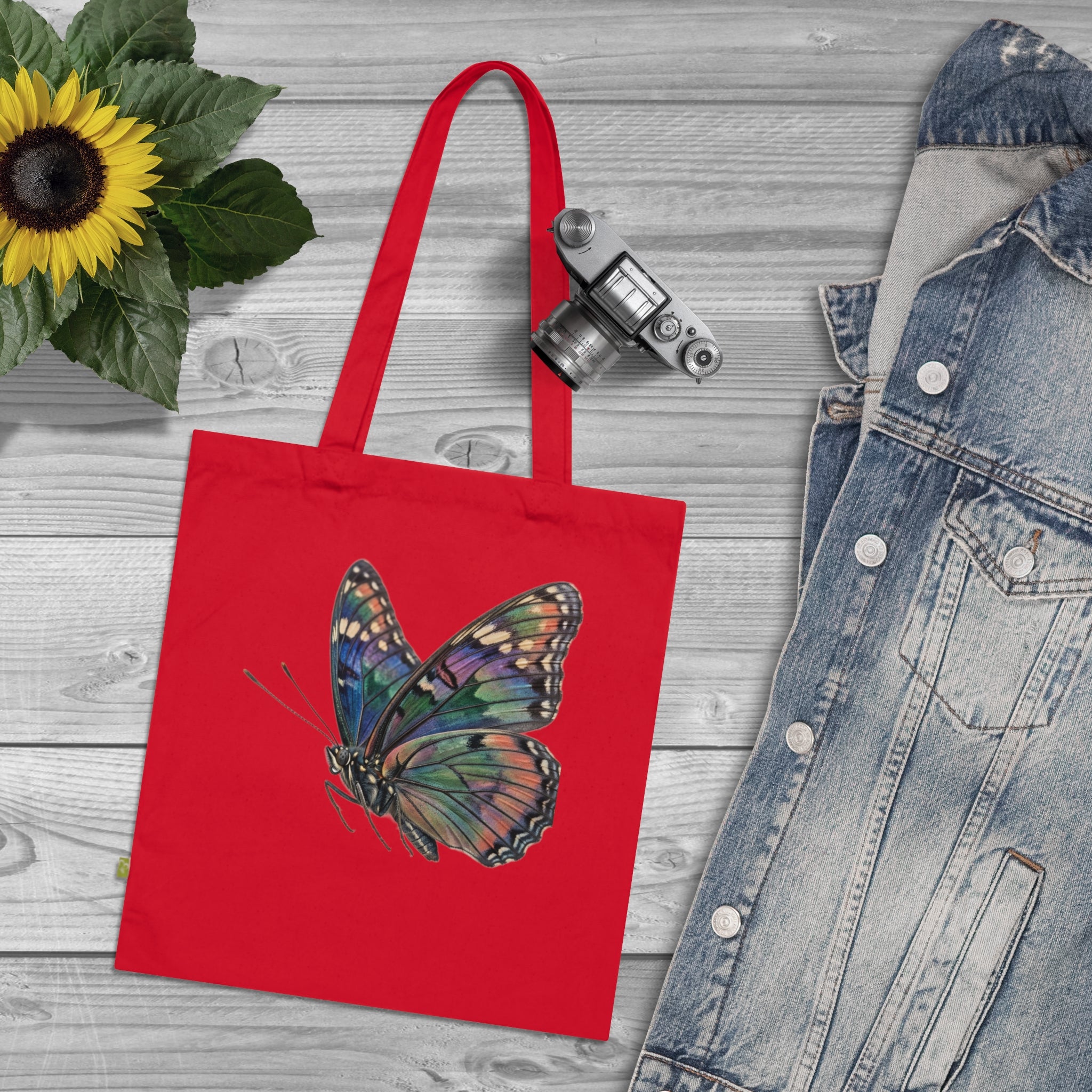 Navy Organic Tote Bag with Watercolor Rainbow Butterfly — Eco-Friendly Market & Gift Tote