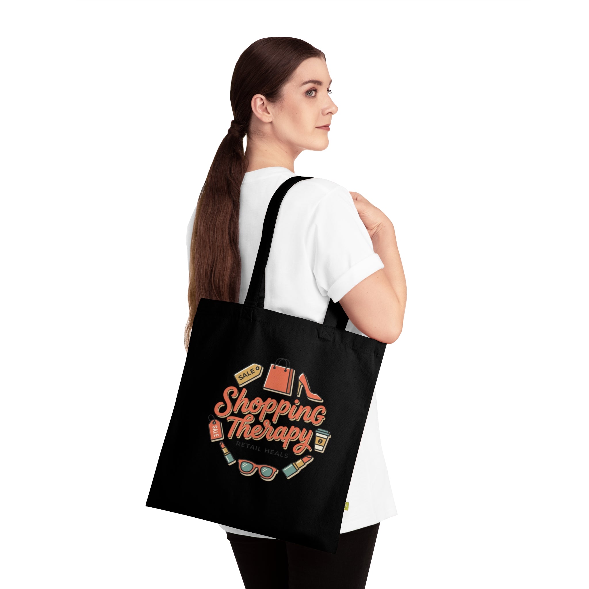 Shopping Therapy Organic Tote Bag — Retro Fashion Graphic Tote