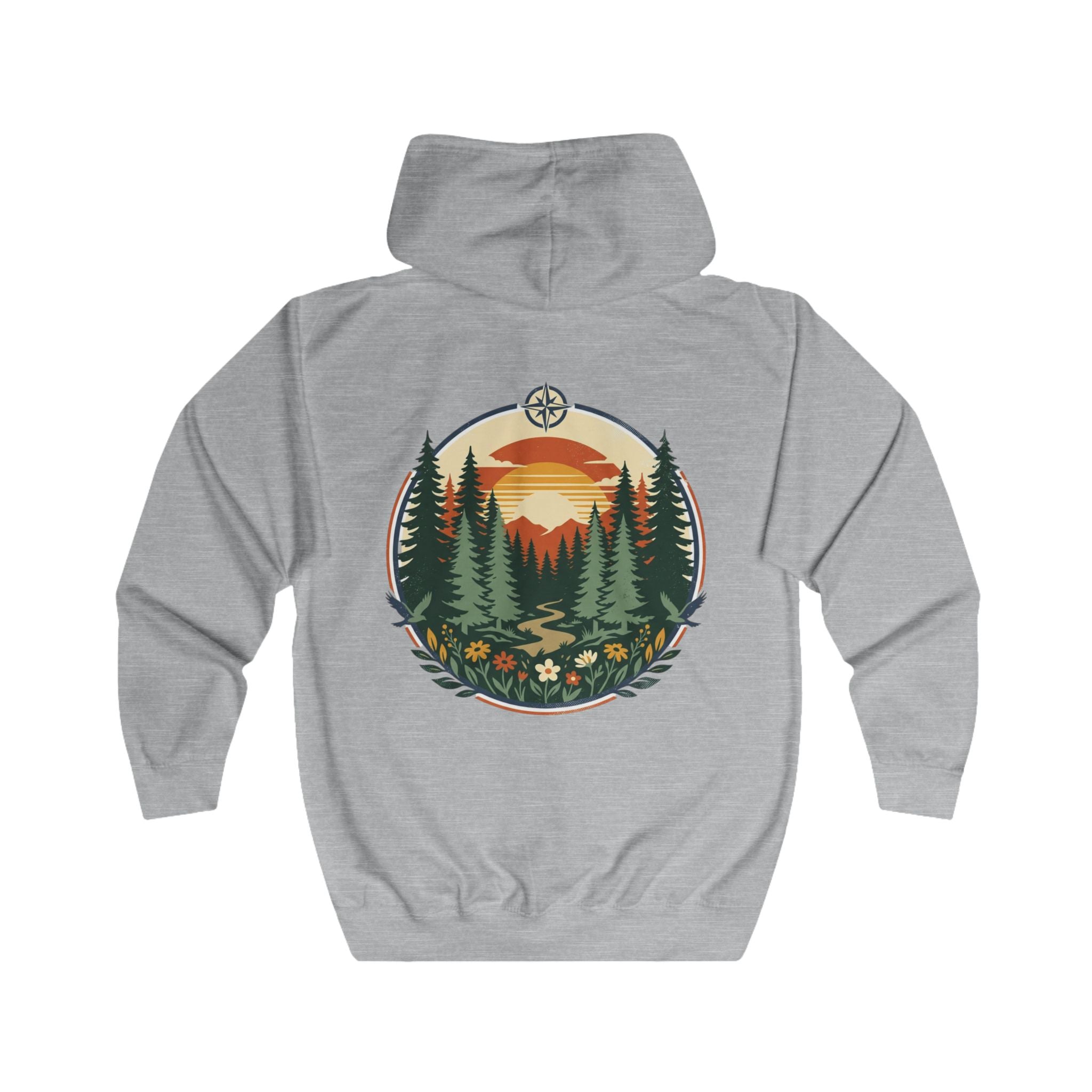 Nature Sunset Zip Hoodie — Forest Trail Graphic Full-Zip Hoodie