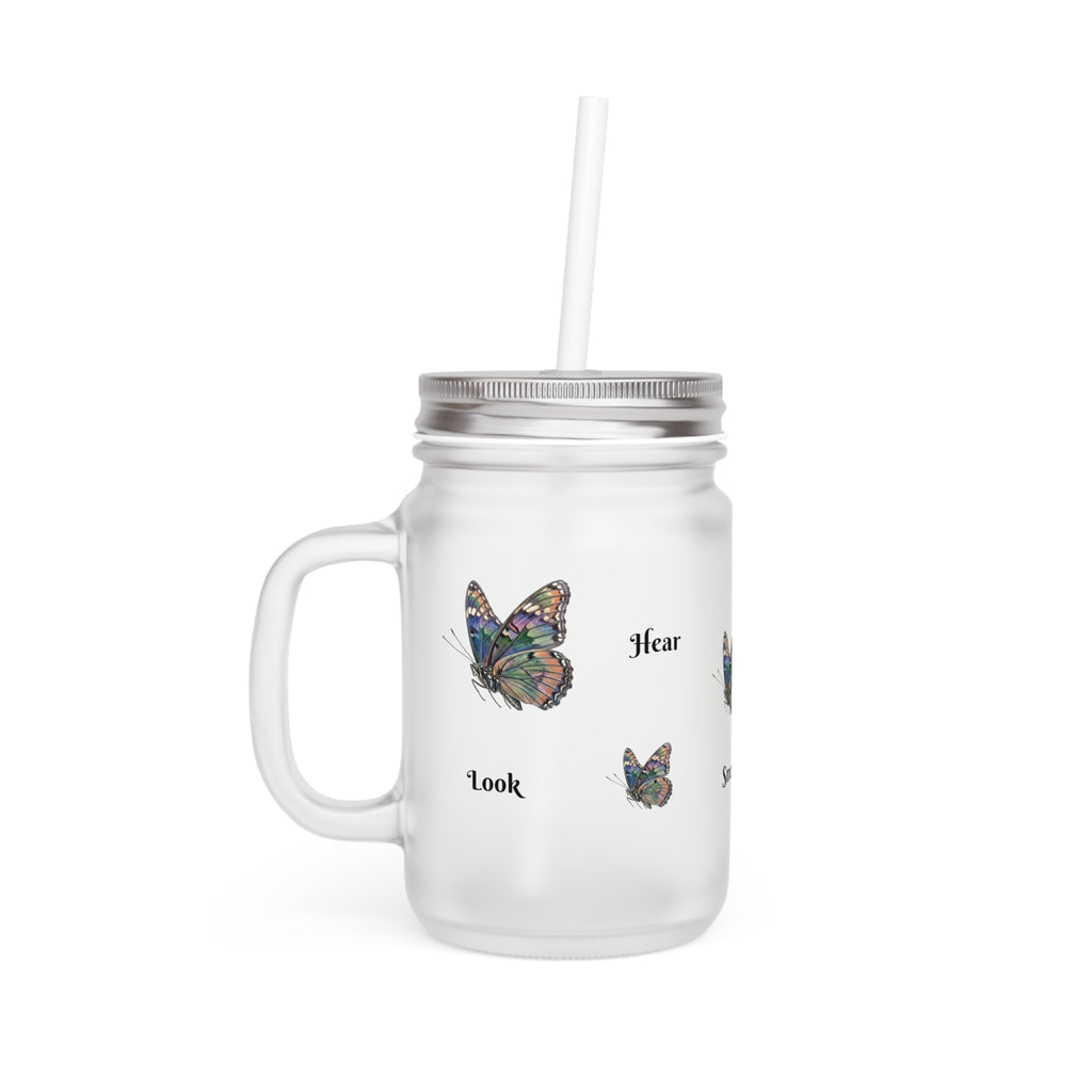 Butterfly Mason Jar Tumbler – Frosted Glass Jar with Colorful Butterfly Design
