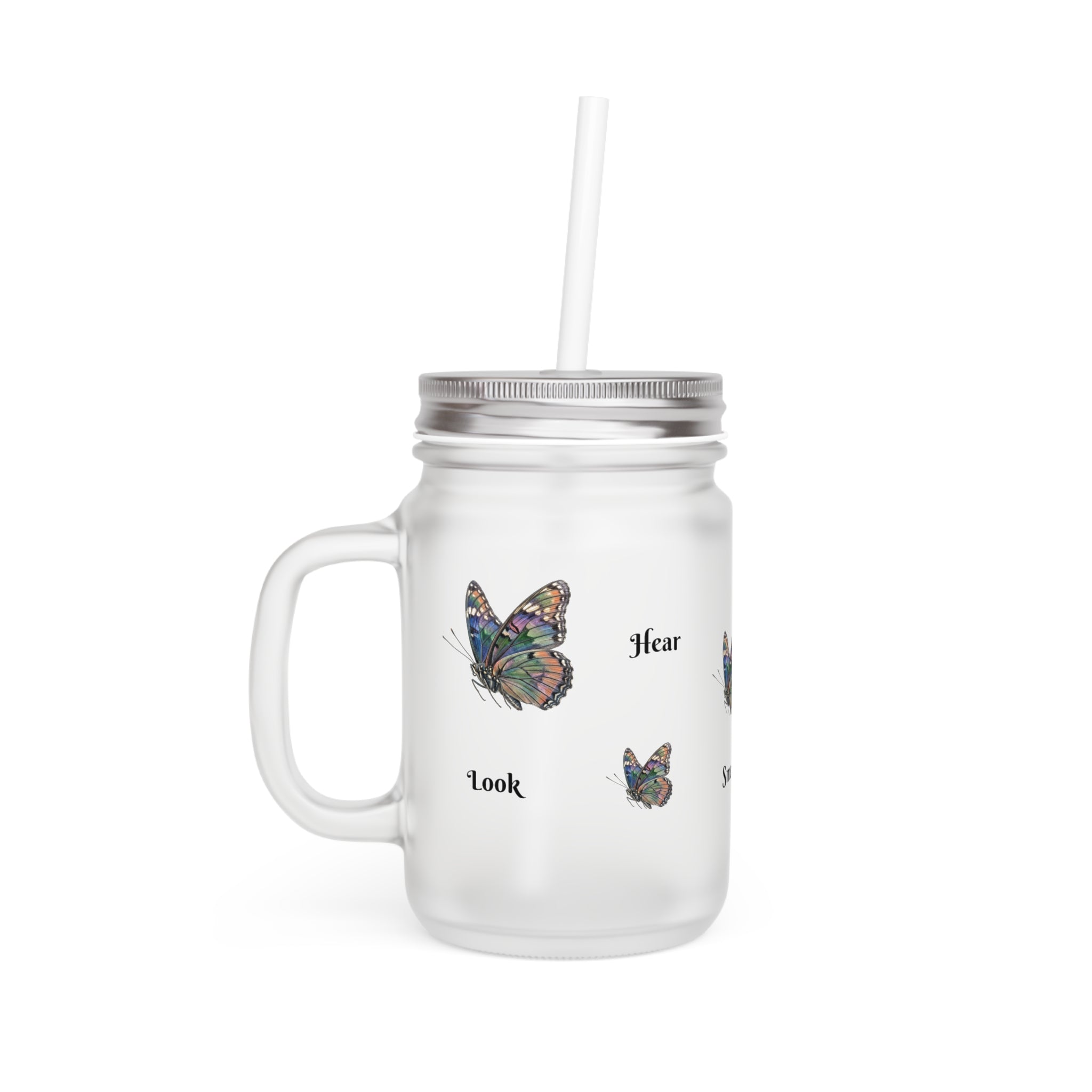 Butterfly Mason Jar Tumbler – Frosted Glass Jar with Colorful Butterfly Design