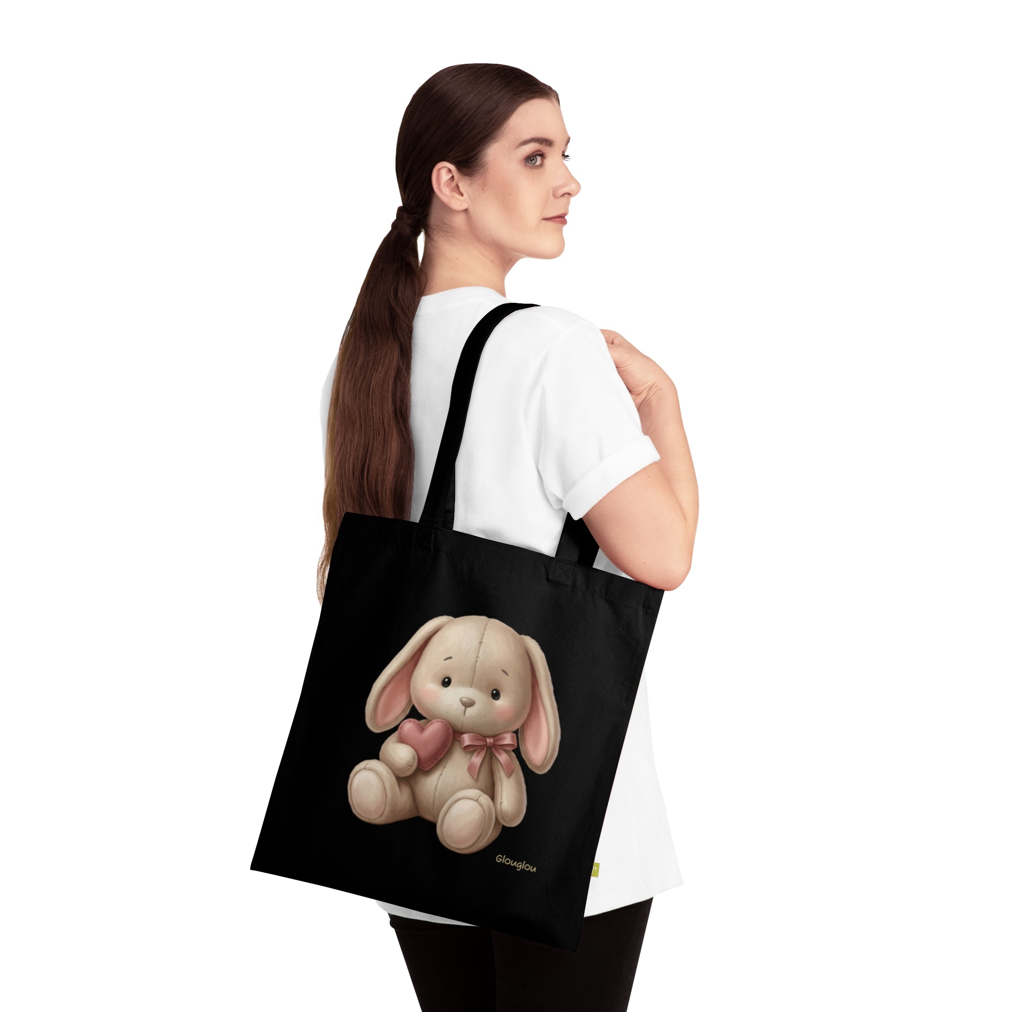 Navy Tote Bag with Cute Plush Bunny Illustration – Kid-Friendly Gift Tote