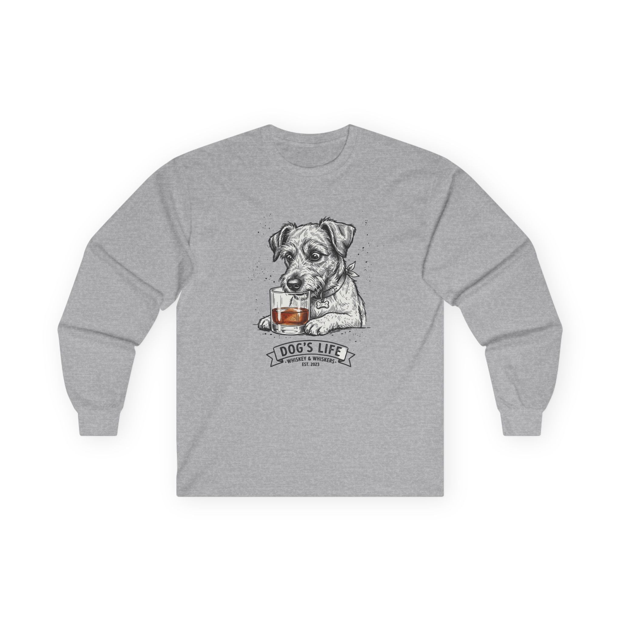 Long Sleeve Tee — "Dog's Life" Jack Russell & Whiskey Graphic