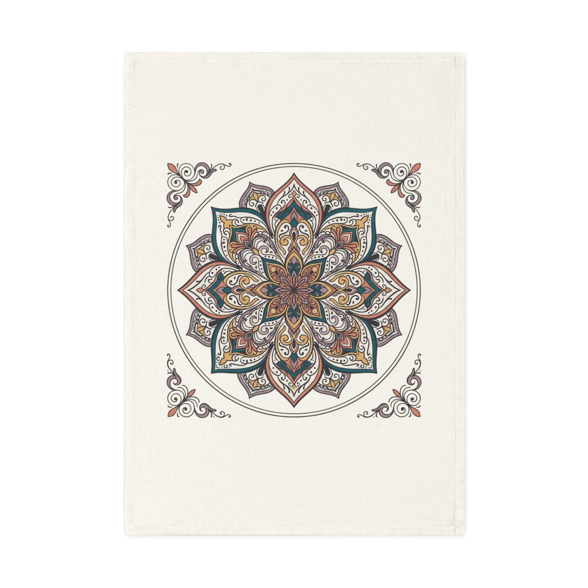 Mandala Cotton Tea Towel – Boho Floral Kitchen Towel, Earth Tone Decorative Dish Towel