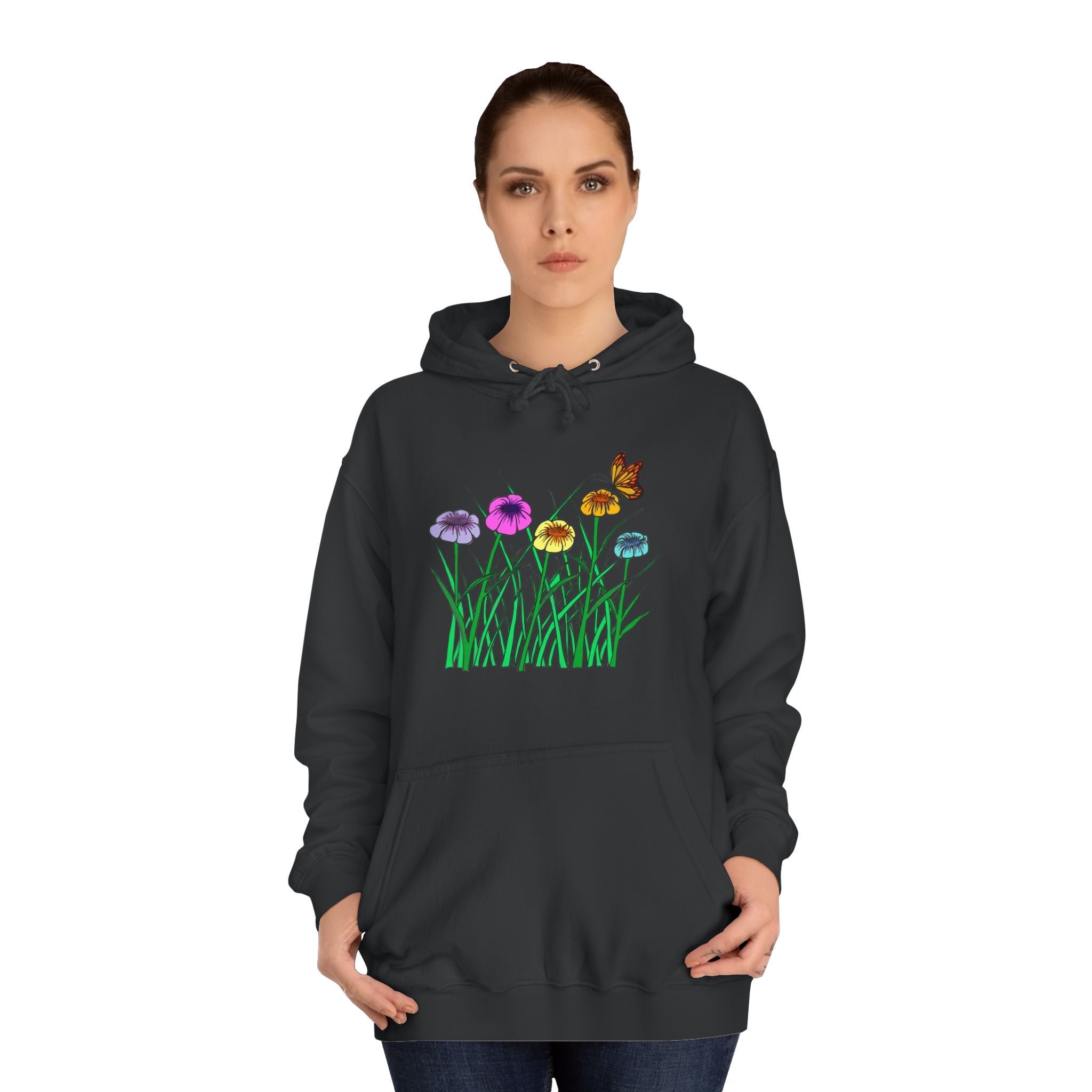 Floral Meadow Hoodie – Colorful Wildflowers & Butterfly Graphic