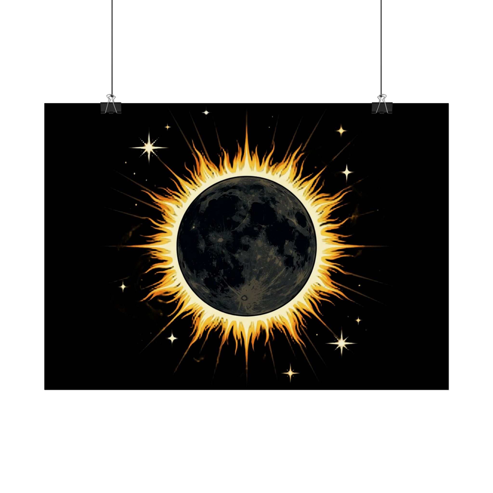 Solar Eclipse Wall Poster — Black Moon with Golden Flame Art Print