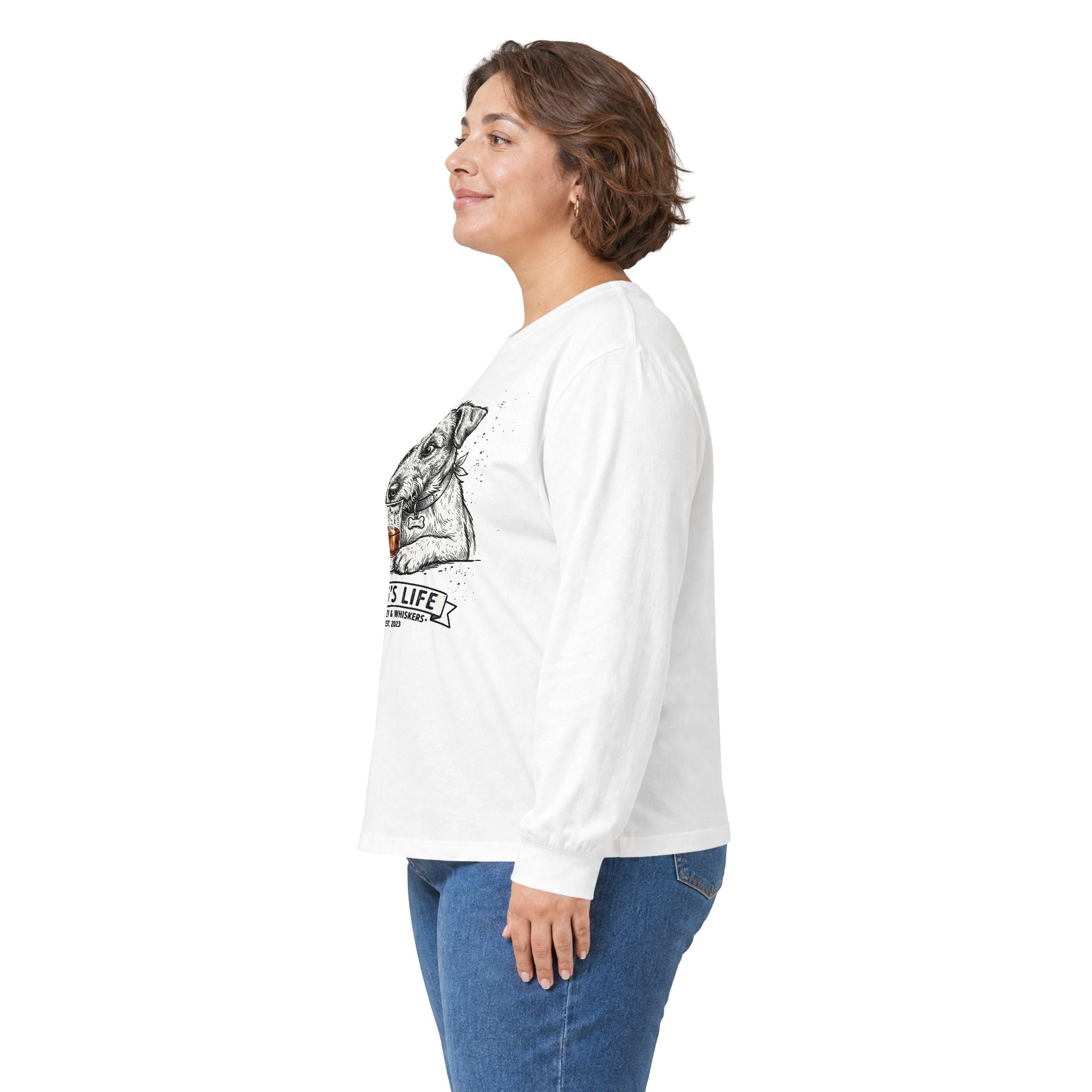 Long Sleeve Tee — "Dog's Life" Jack Russell & Whiskey Graphic