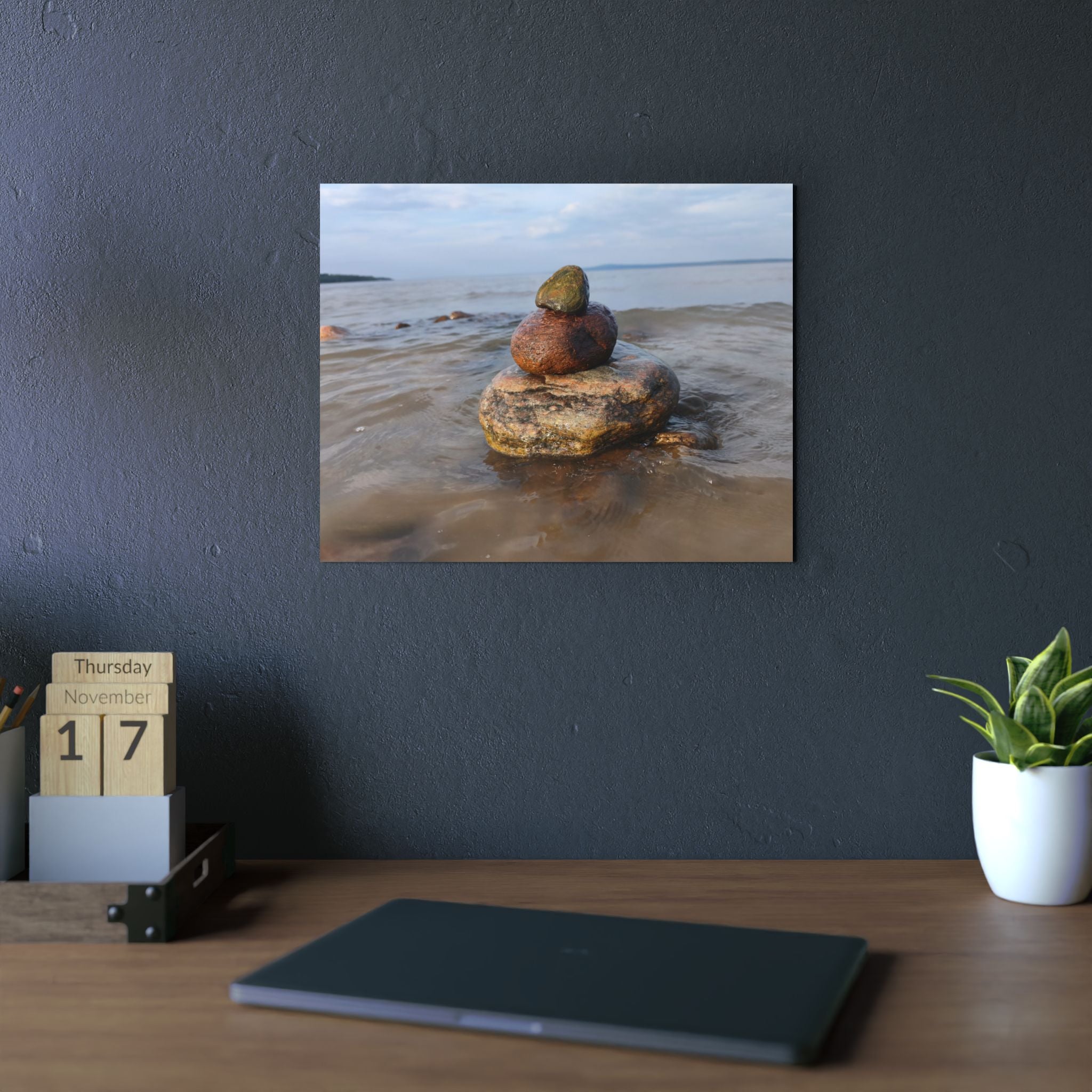 Stacked Beach Rocks Aluminum Panel Wall Art — Serene Coastal Zen Photo Print