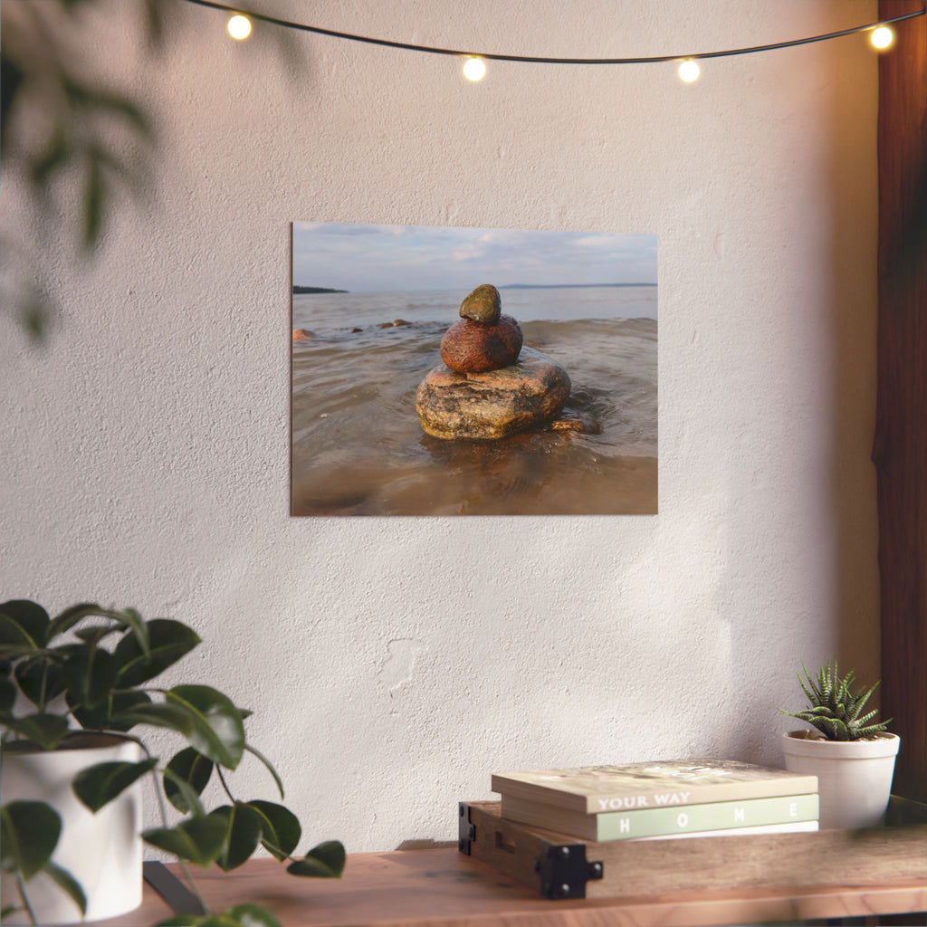Stacked Beach Rocks Aluminum Panel Wall Art — Serene Coastal Zen Photo Print