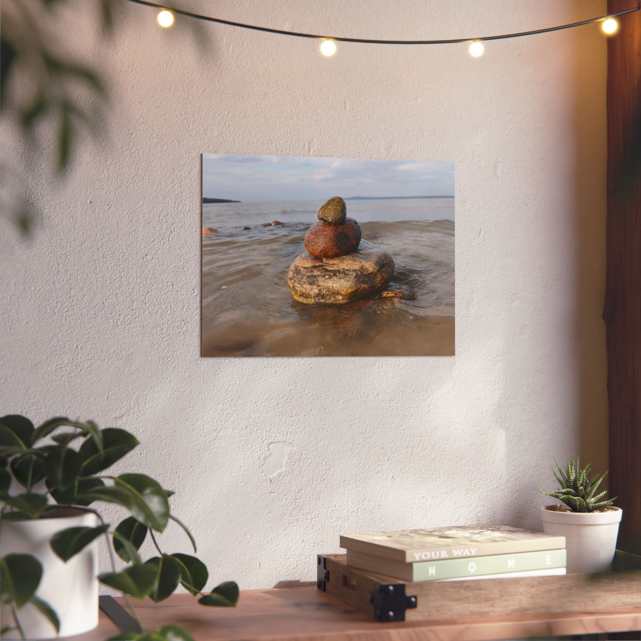 Stacked Beach Rocks Aluminum Panel Wall Art — Serene Coastal Zen Photo Print