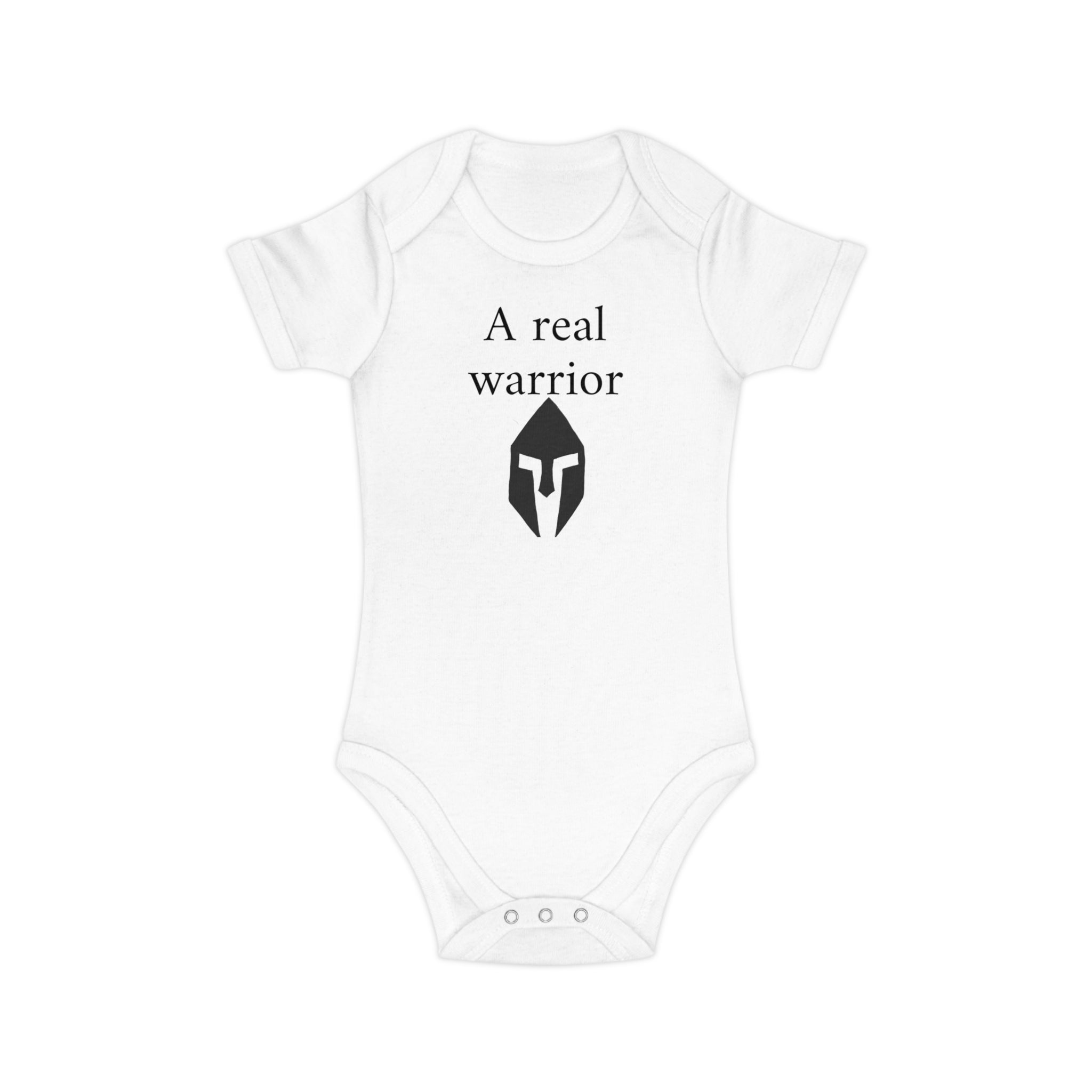 Baby Bodysuit “A Real Warrior” – Infant Onesie with Spartan Helmet Design