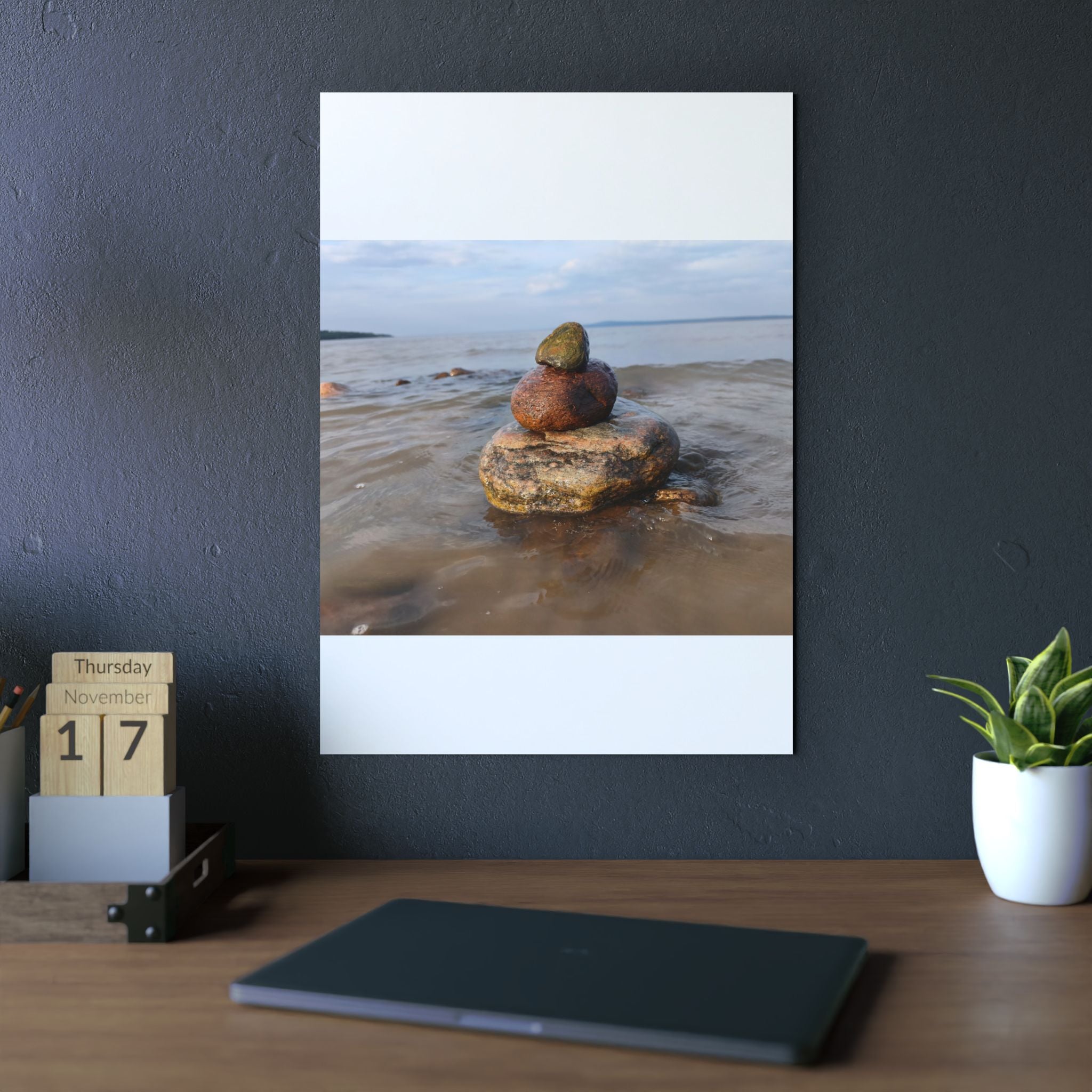 Stacked Beach Rocks Aluminum Panel Wall Art — Serene Coastal Zen Photo Print
