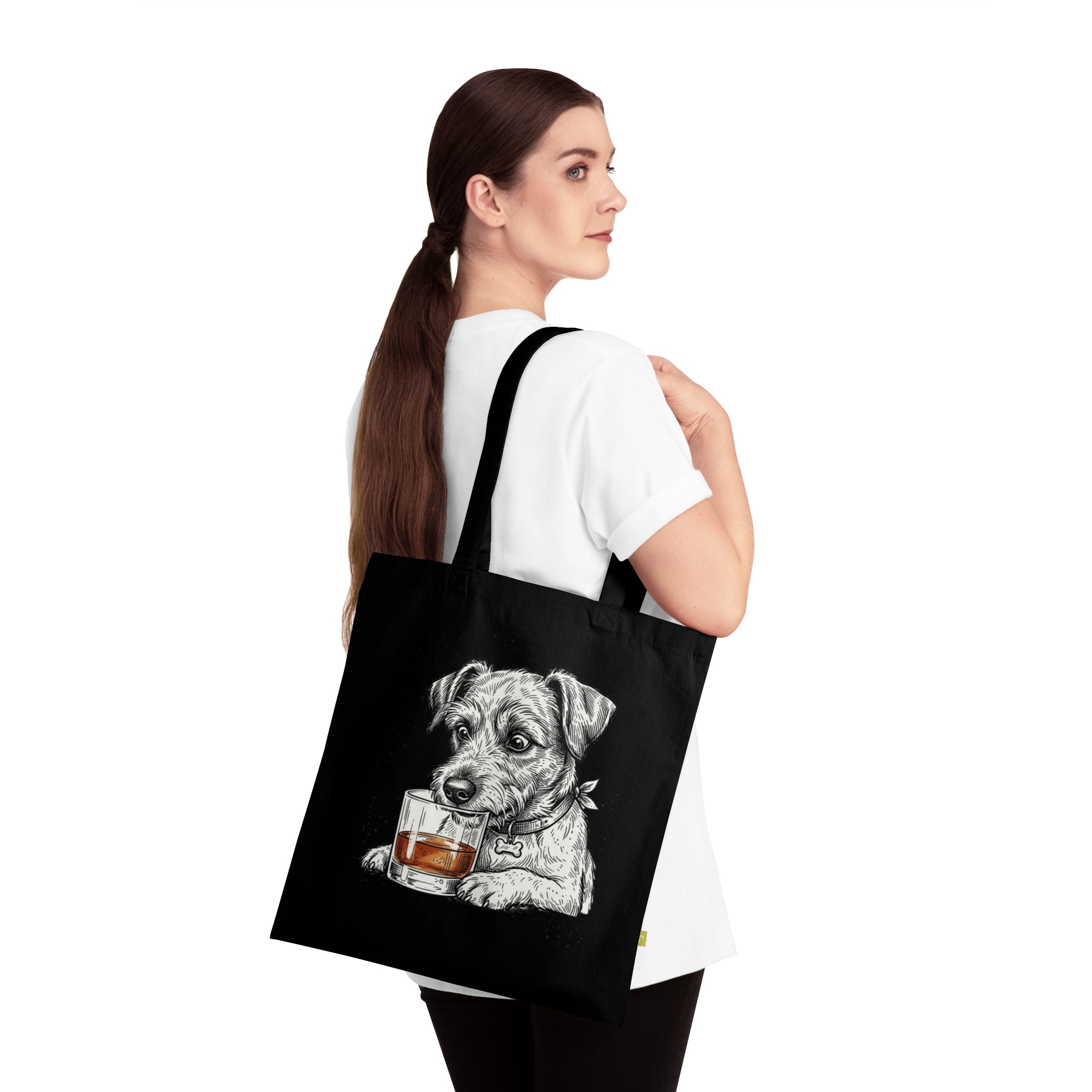 Tote Bag — Jack Russell Drinking Whiskey Illustration Organic Cotton Tote