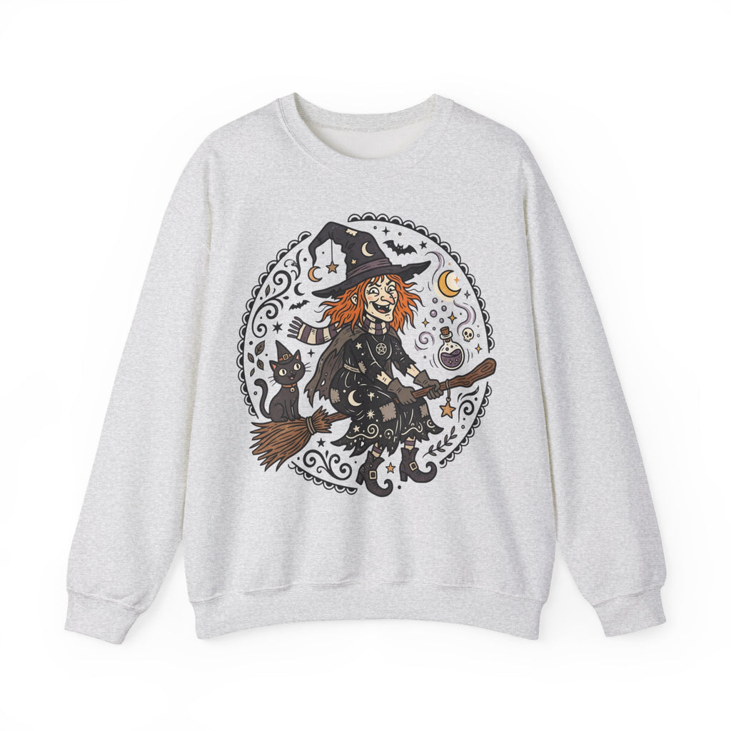 Witch & Black Cat Crewneck Sweatshirt — Halloween Witch Broom Graphic