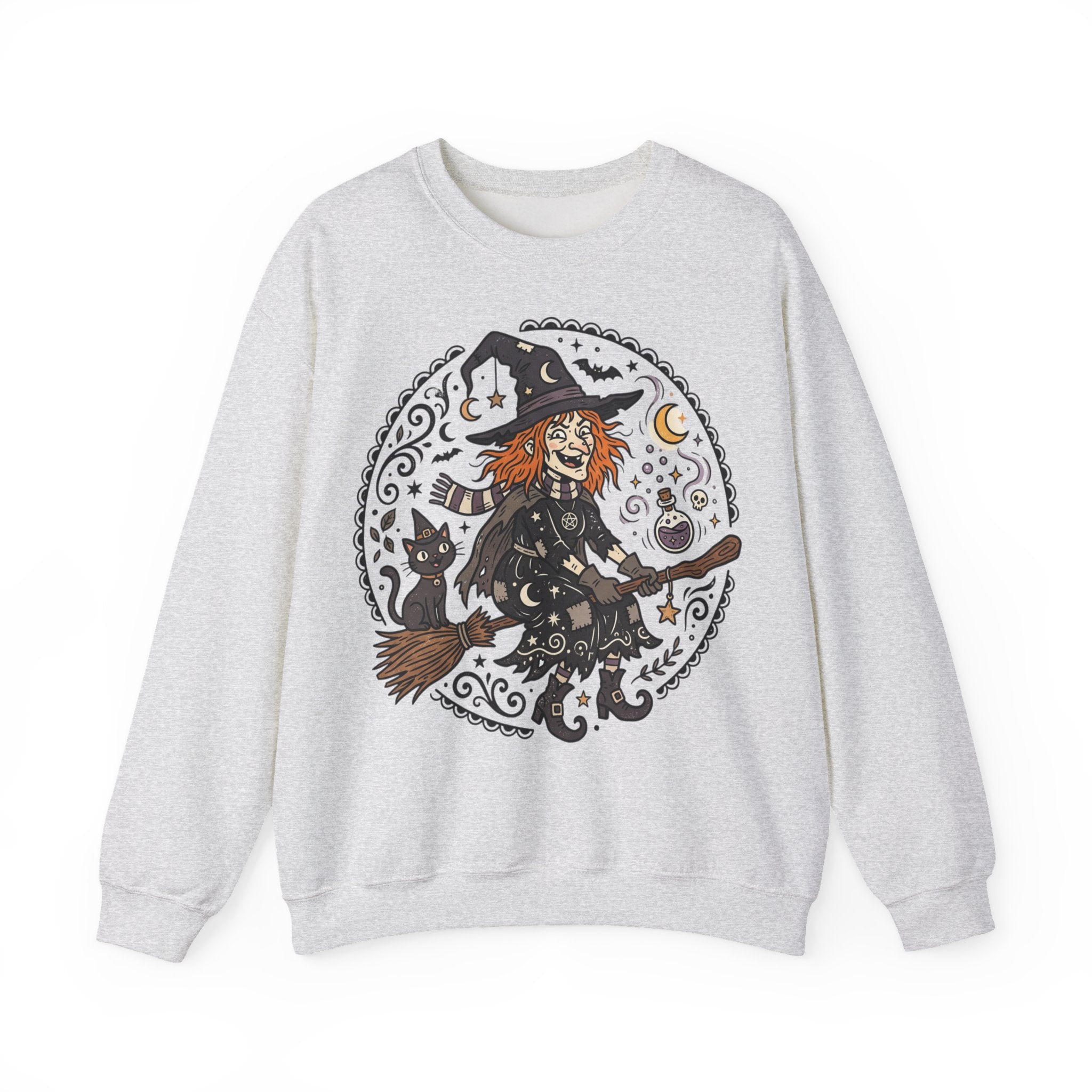 Witch & Black Cat Crewneck Sweatshirt — Halloween Witch Broom Graphic