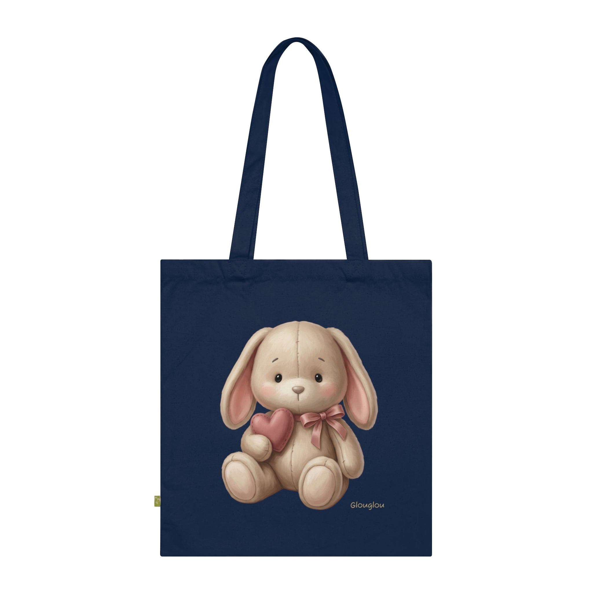 Navy Tote Bag with Cute Plush Bunny Illustration – Kid-Friendly Gift Tote