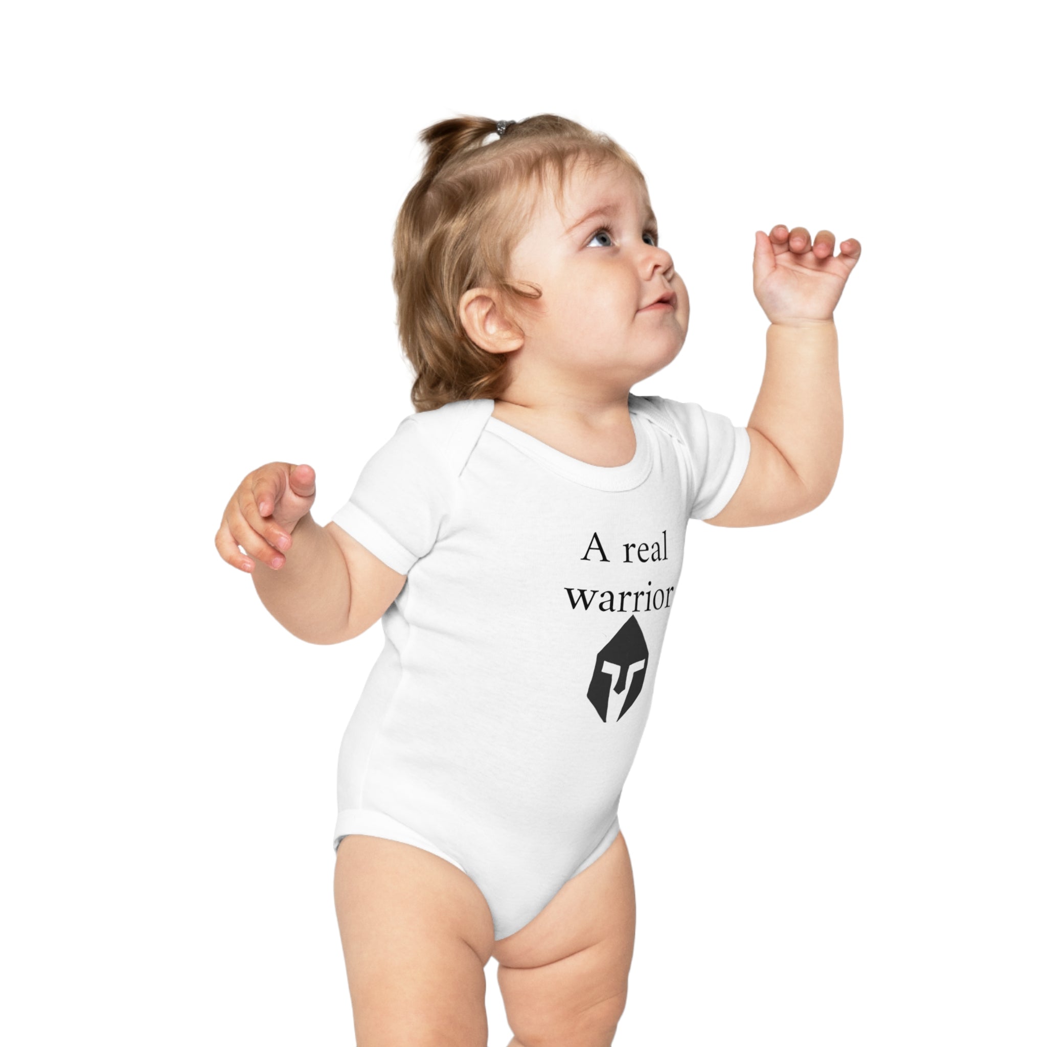 Baby Bodysuit “A Real Warrior” – Infant Onesie with Spartan Helmet Design