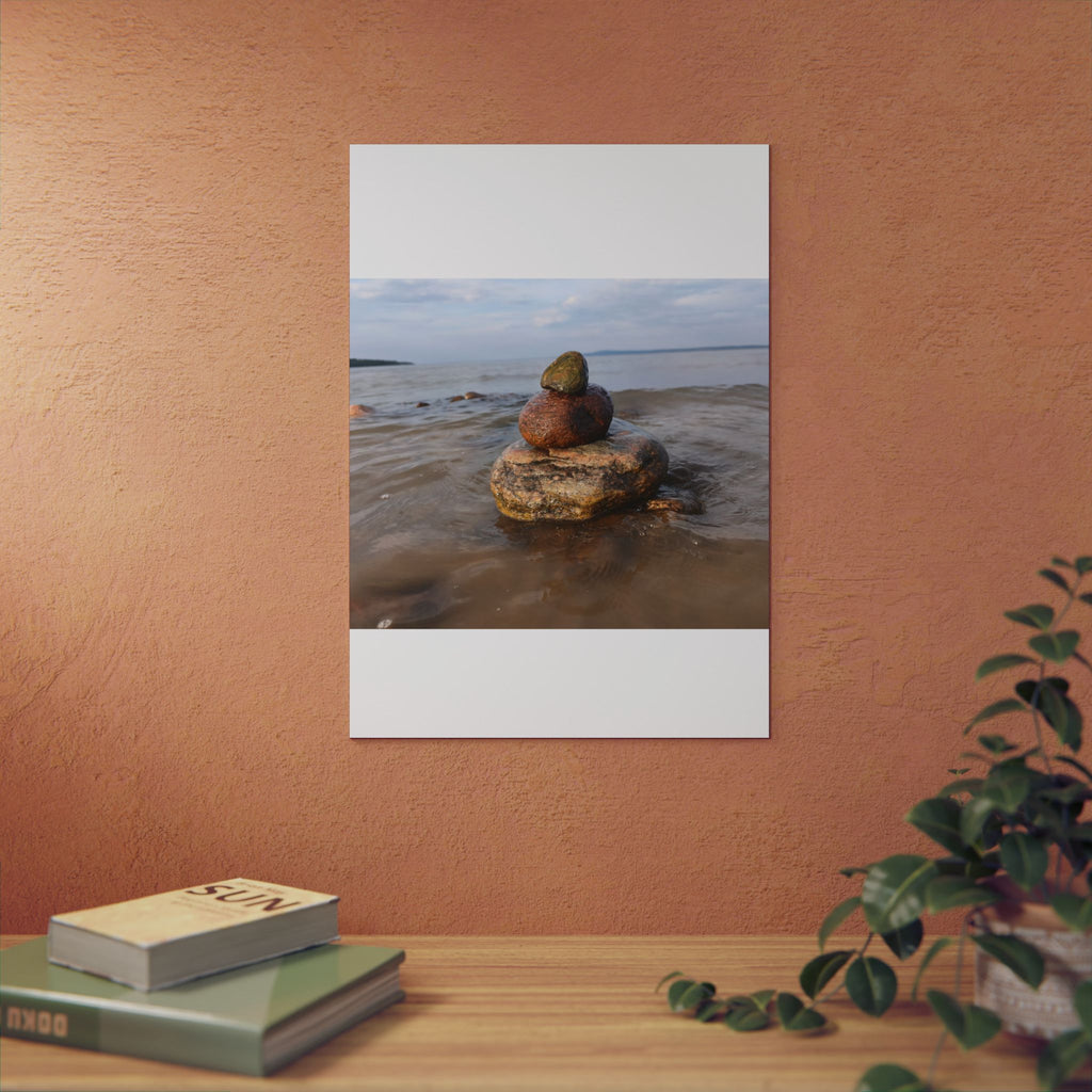 Stacked Beach Rocks Aluminum Panel Wall Art — Serene Coastal Zen Photo Print