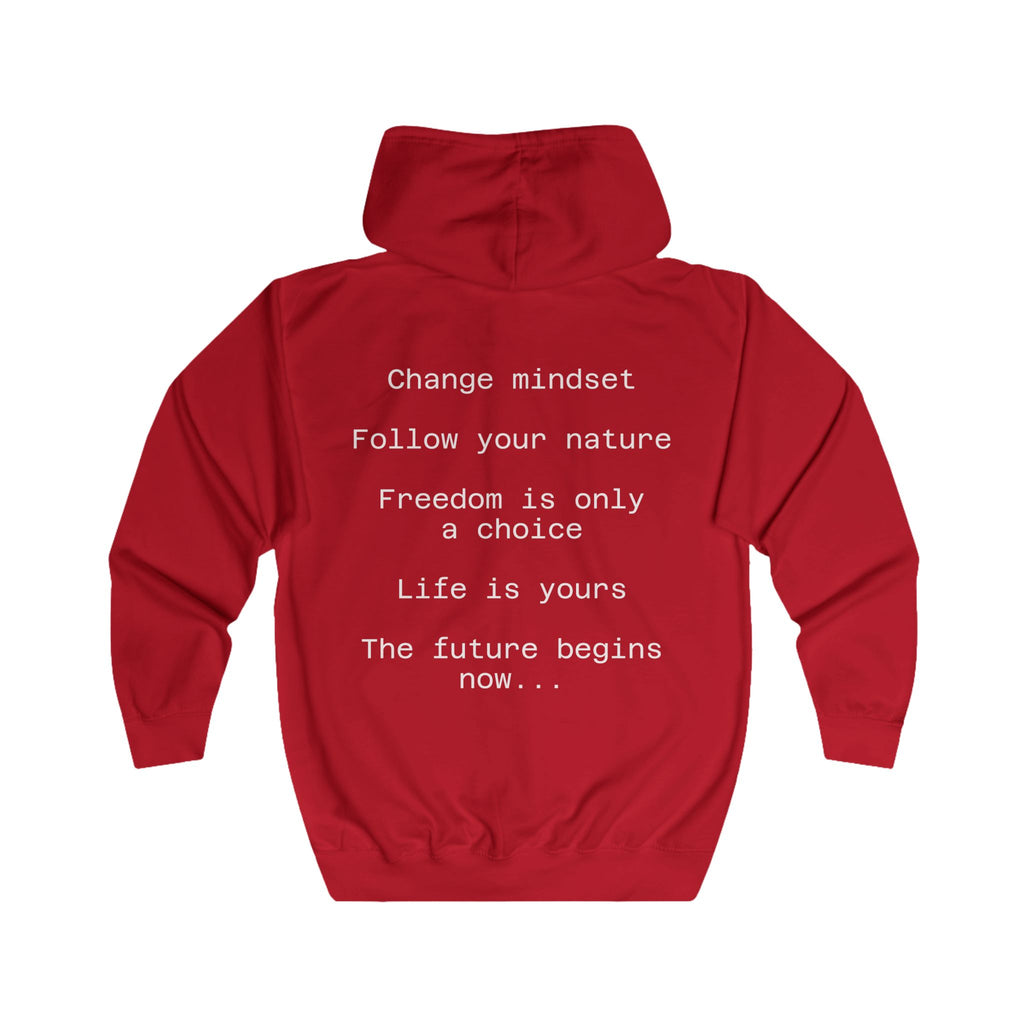 Zip Hoodie with Inspirational Back Text — "Change mindset • Follow your nature"