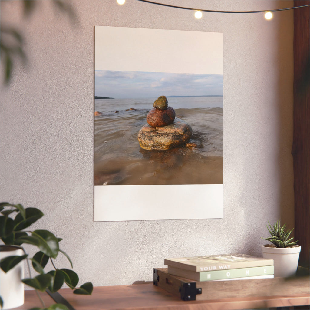 Stacked Beach Rocks Aluminum Panel Wall Art — Serene Coastal Zen Photo Print