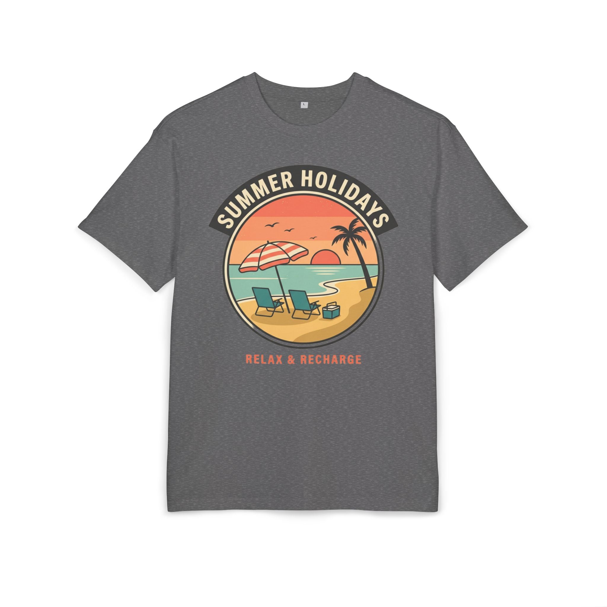 T-Shirt — "Summer Holidays: Relax & Recharge" Beach Graphic Tee