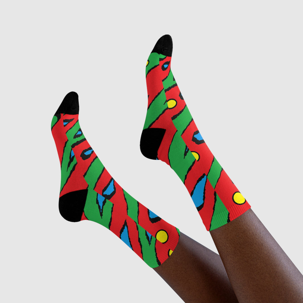 Abstract Colorful Swirl Crew Socks – Bold Red, Green & Blue Sublimation Design