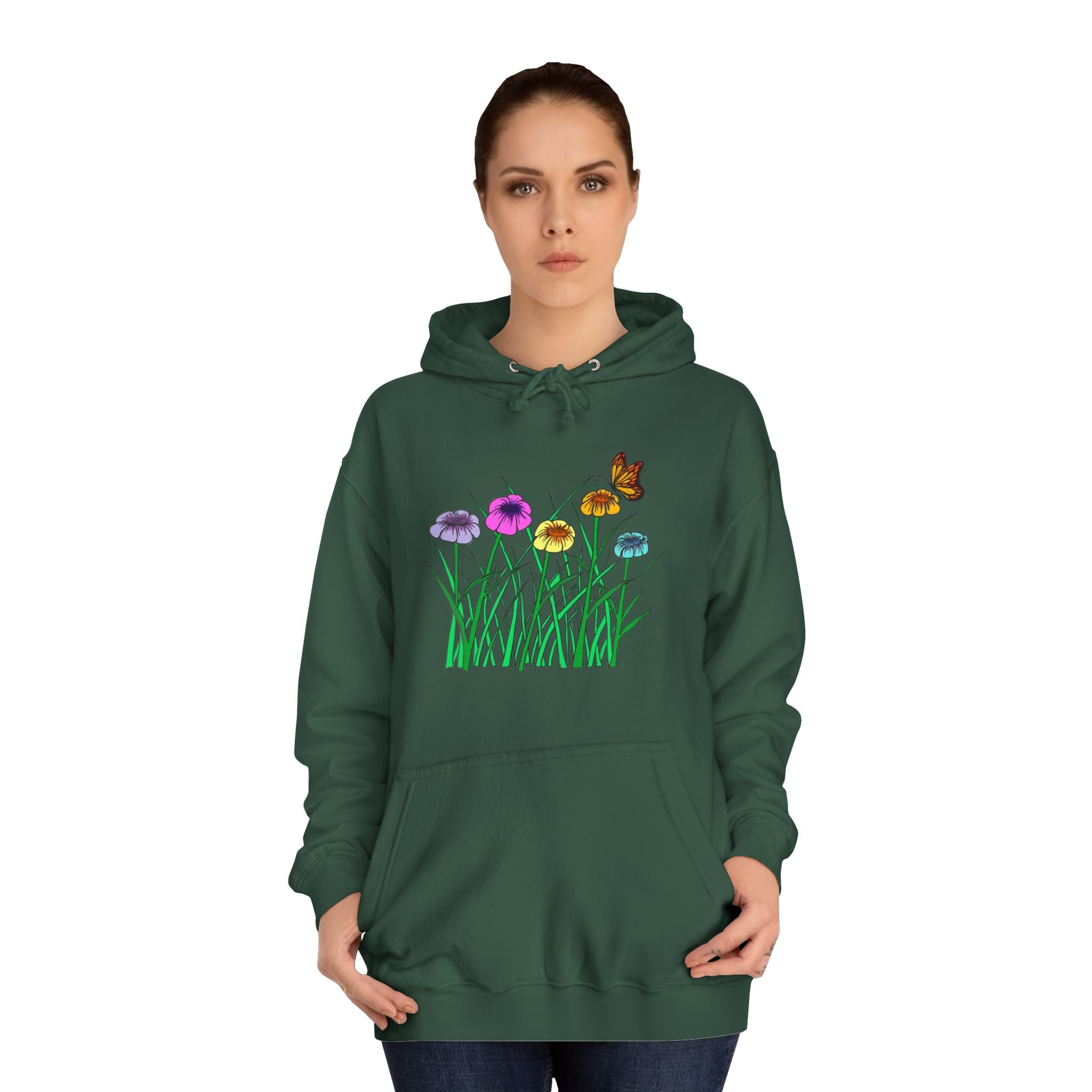Floral Meadow Hoodie – Colorful Wildflowers & Butterfly Graphic