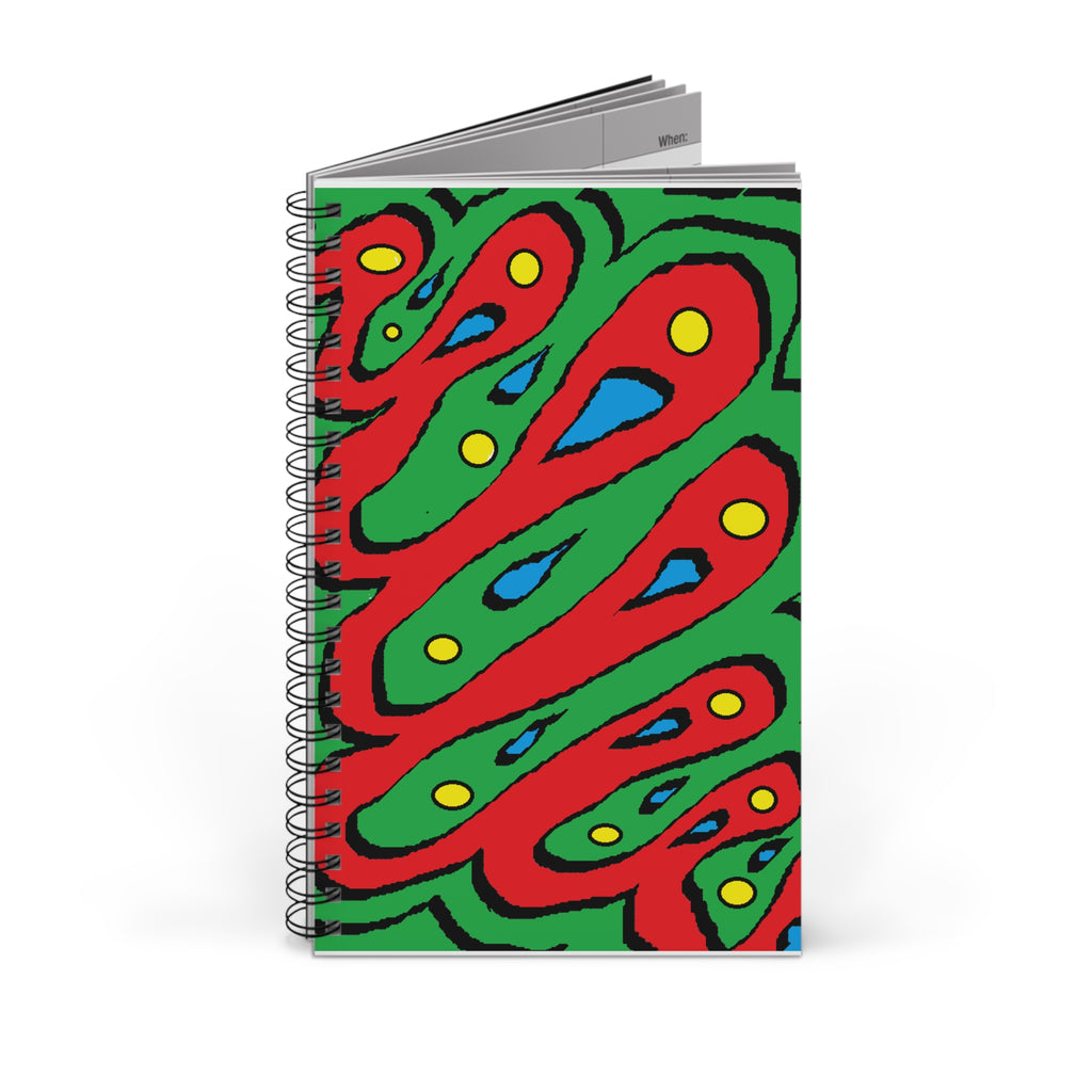 Abstract Colorful Spiral Journal — Bold Red & Green Patterned Notebook