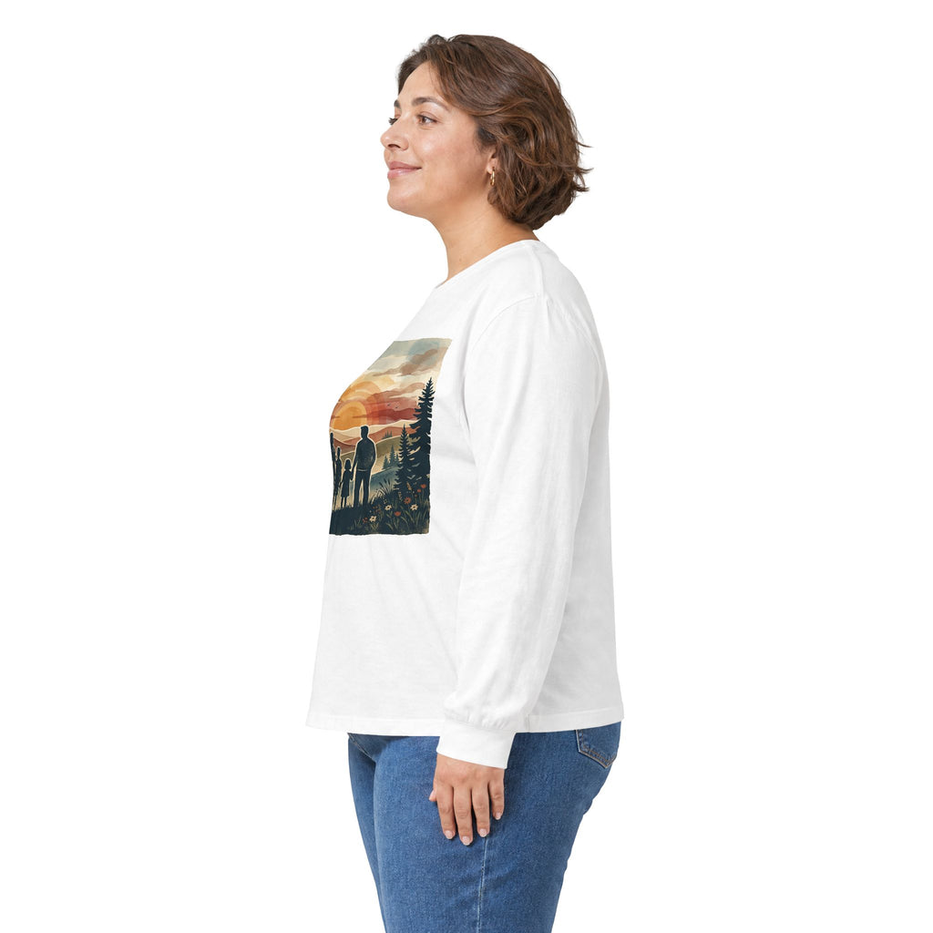 Family Camping Sunset Long Sleeve Tee — Silhouette Outdoor Graphic Shirt