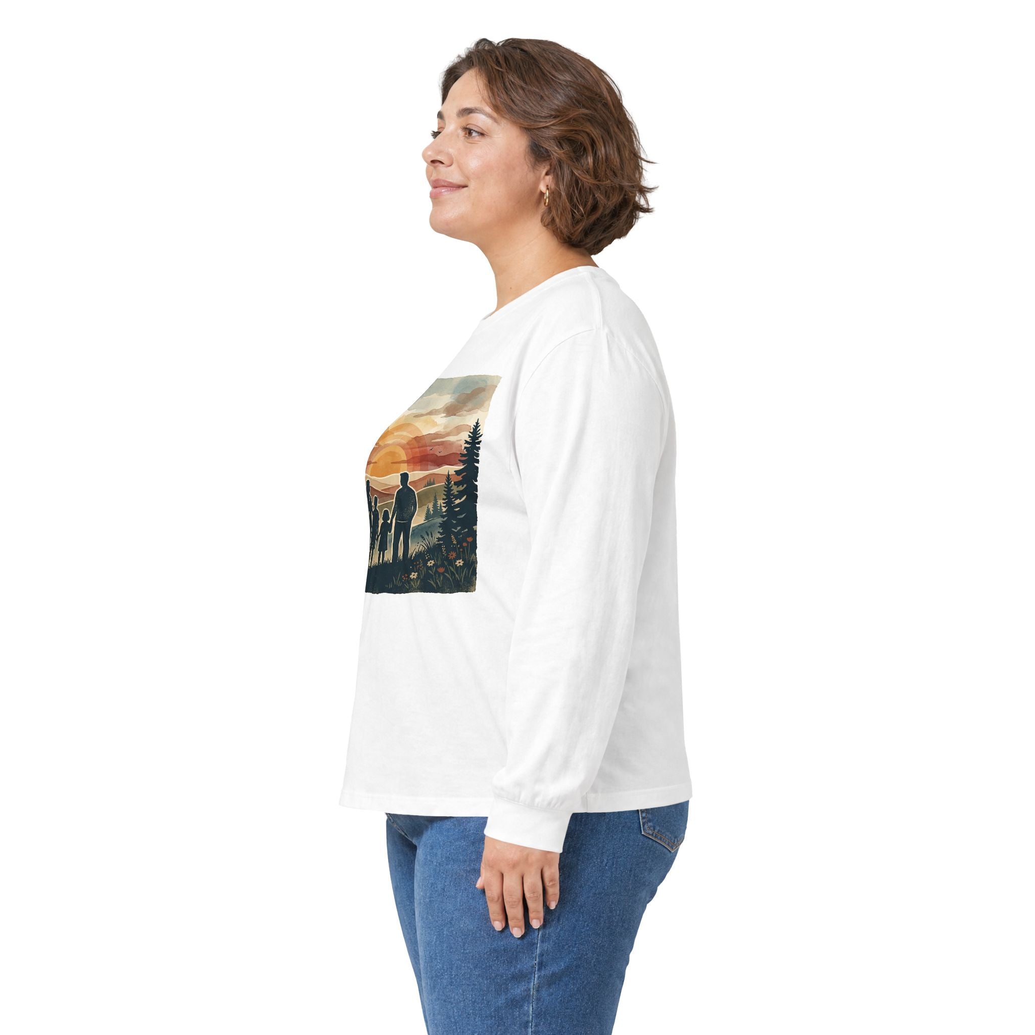 Family Camping Sunset Long Sleeve Tee — Silhouette Outdoor Graphic Shirt