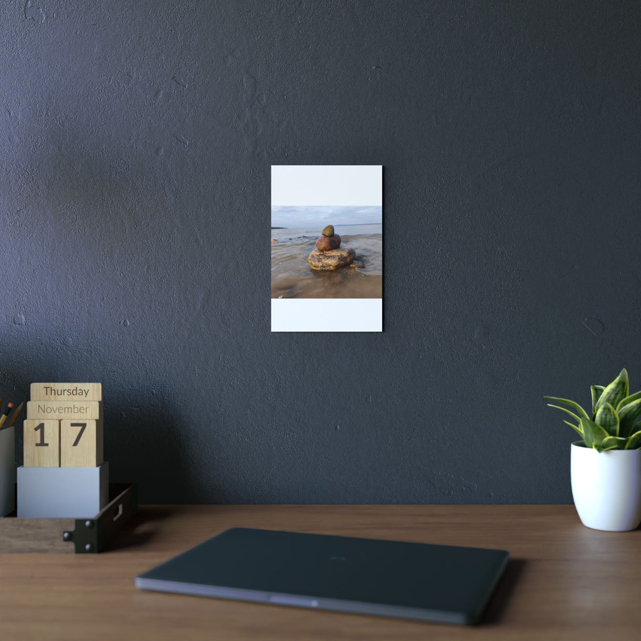 Stacked Beach Rocks Aluminum Panel Wall Art — Serene Coastal Zen Photo Print